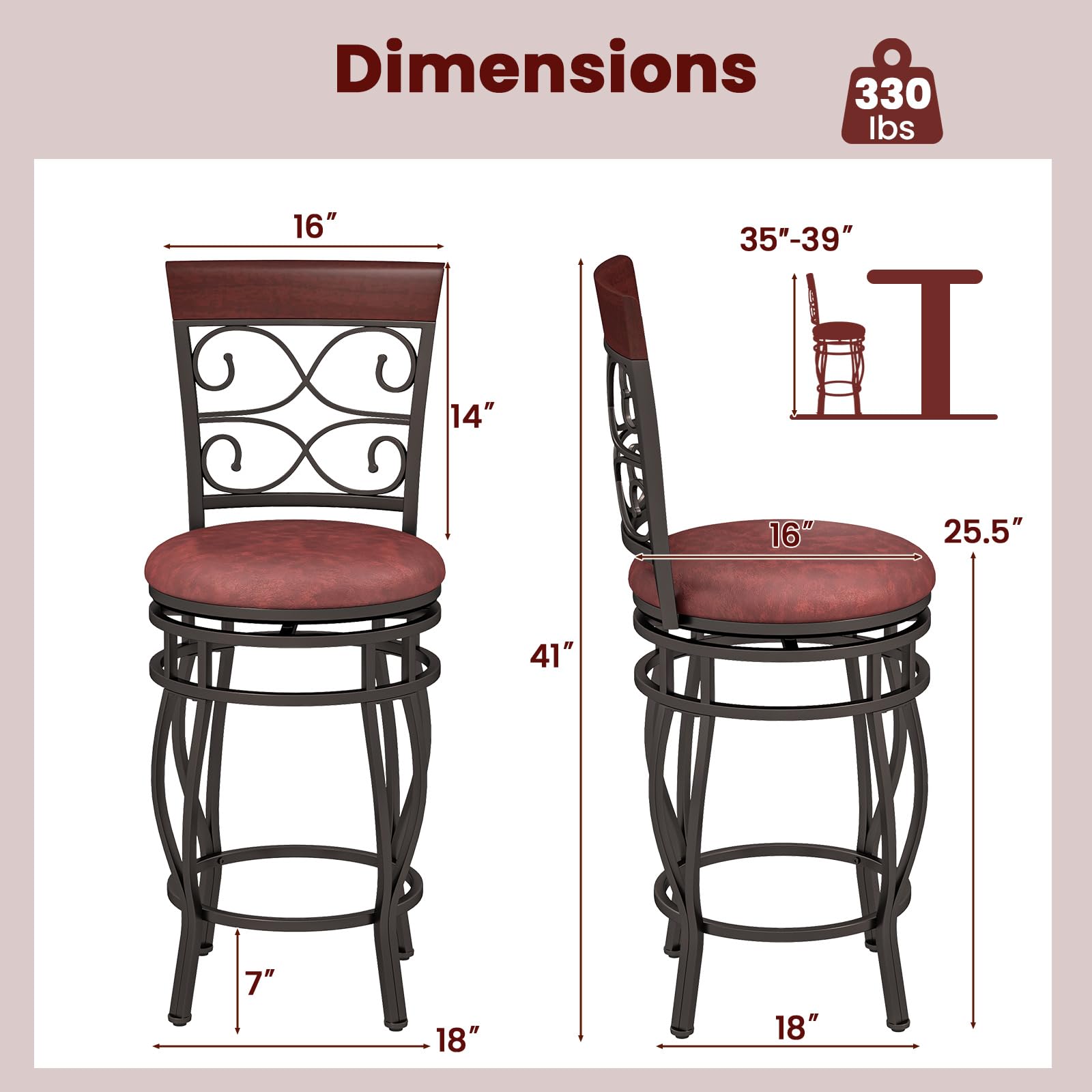 KOMFOTT Swivel Bar Stools Set of 2/4, Counter Height Bar Stools with Back, Upholstered PU Leather Seat, Footrest