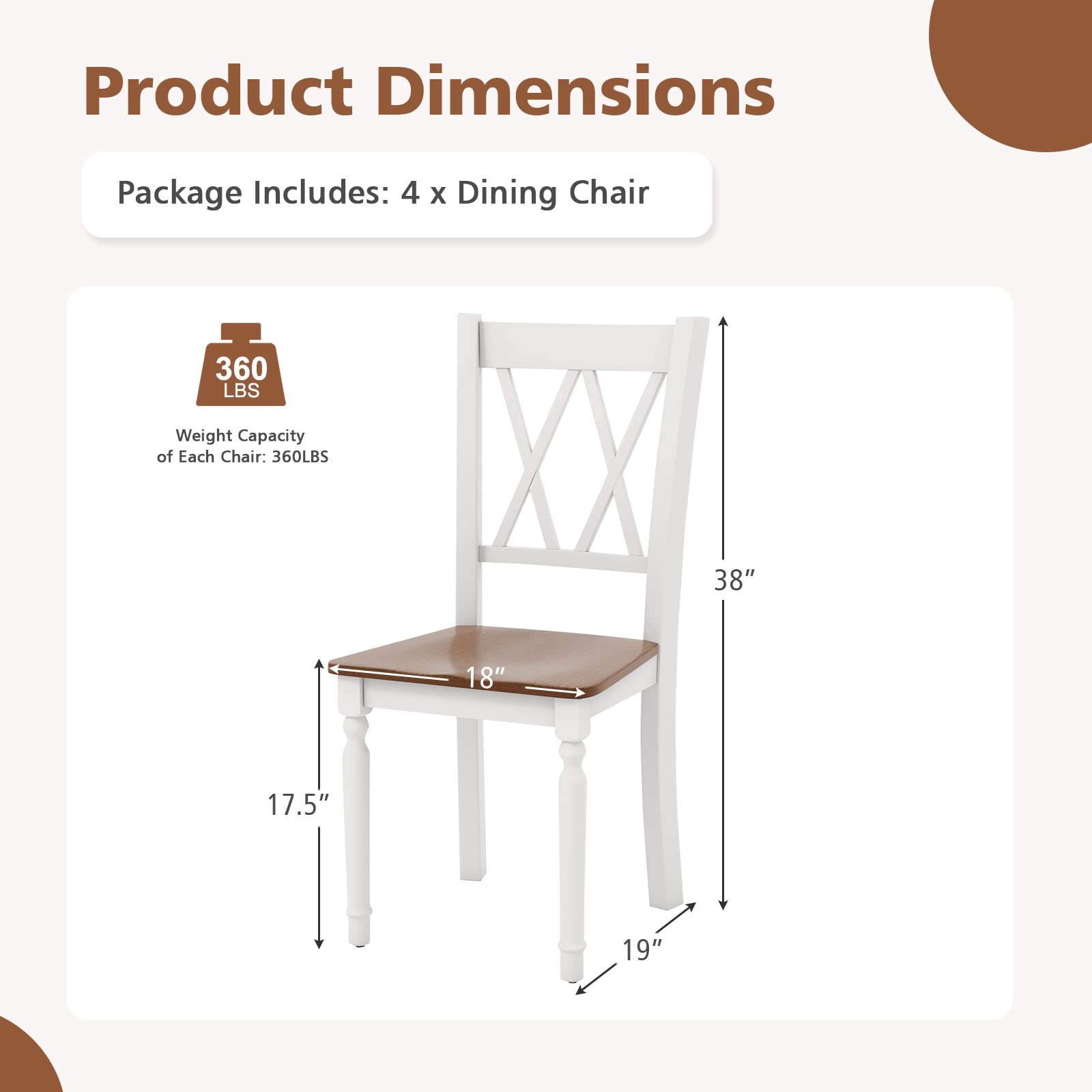 KOMFOTT Dining Room Chairs Set of 4 White - Wooden Farmhouse Kitchen Chairs with Rubber Wood Seat