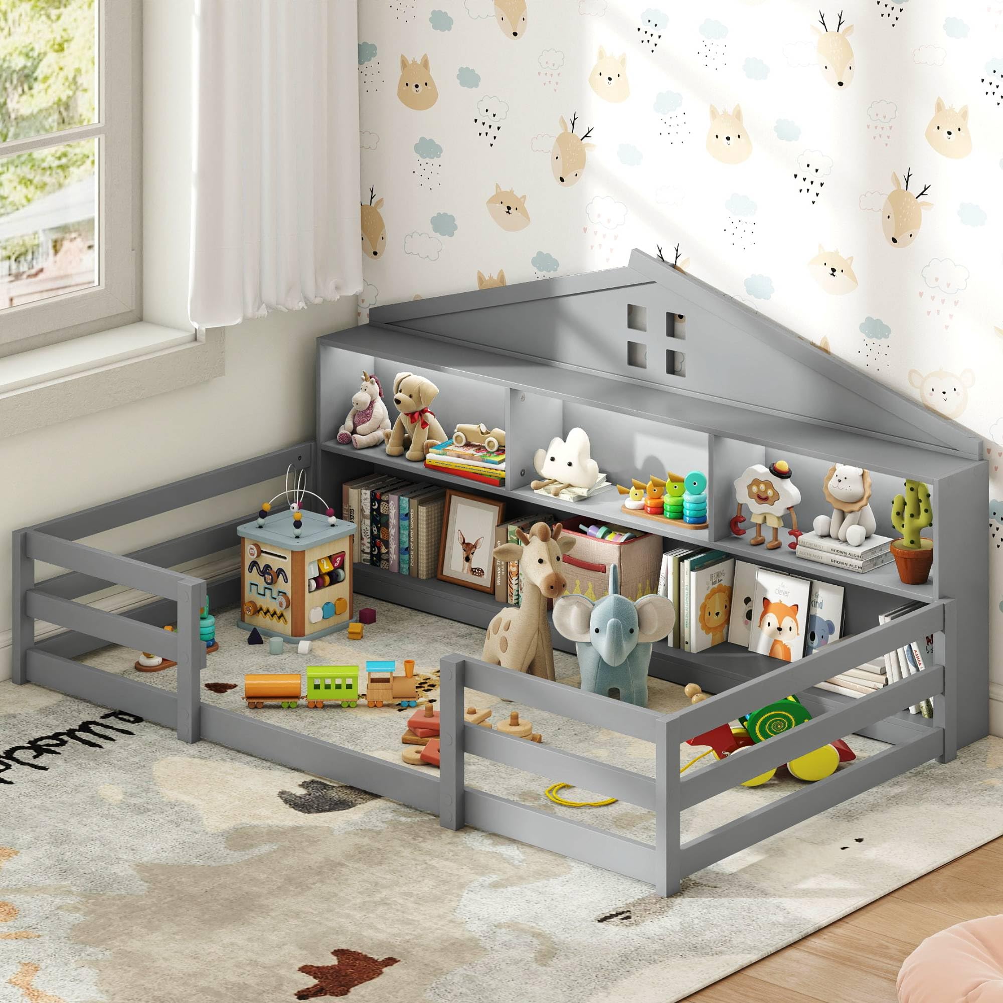 KOMFOTT Bed with Bookcase & LED Light Wood Bed Frame