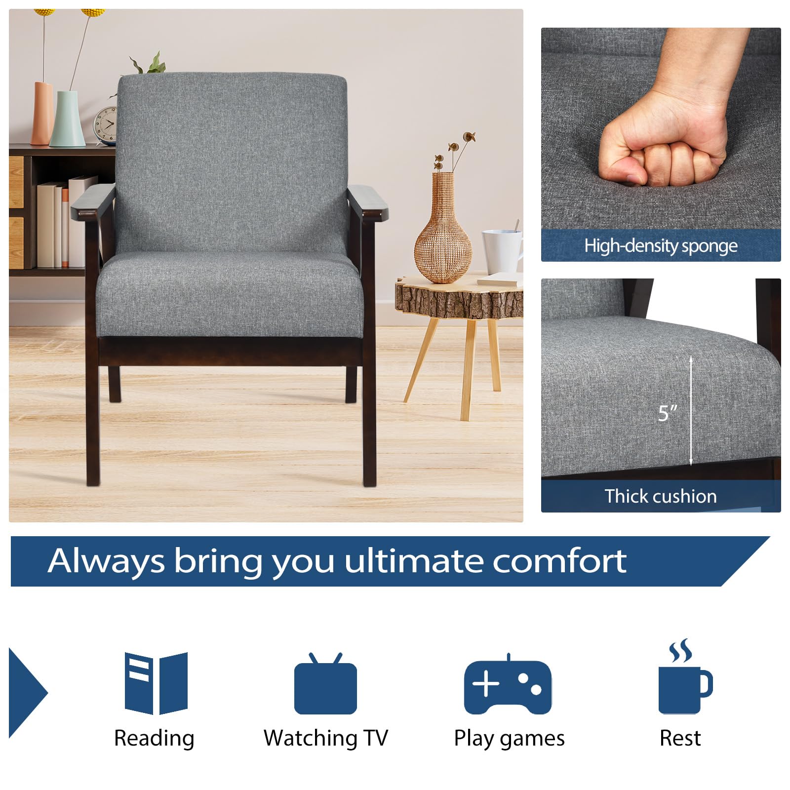 KOMFOTT Armrest Accent Chair, Upholstered Linen Fabric Lounge Chair with Rubber Wood Legs, Comfortable Backrest