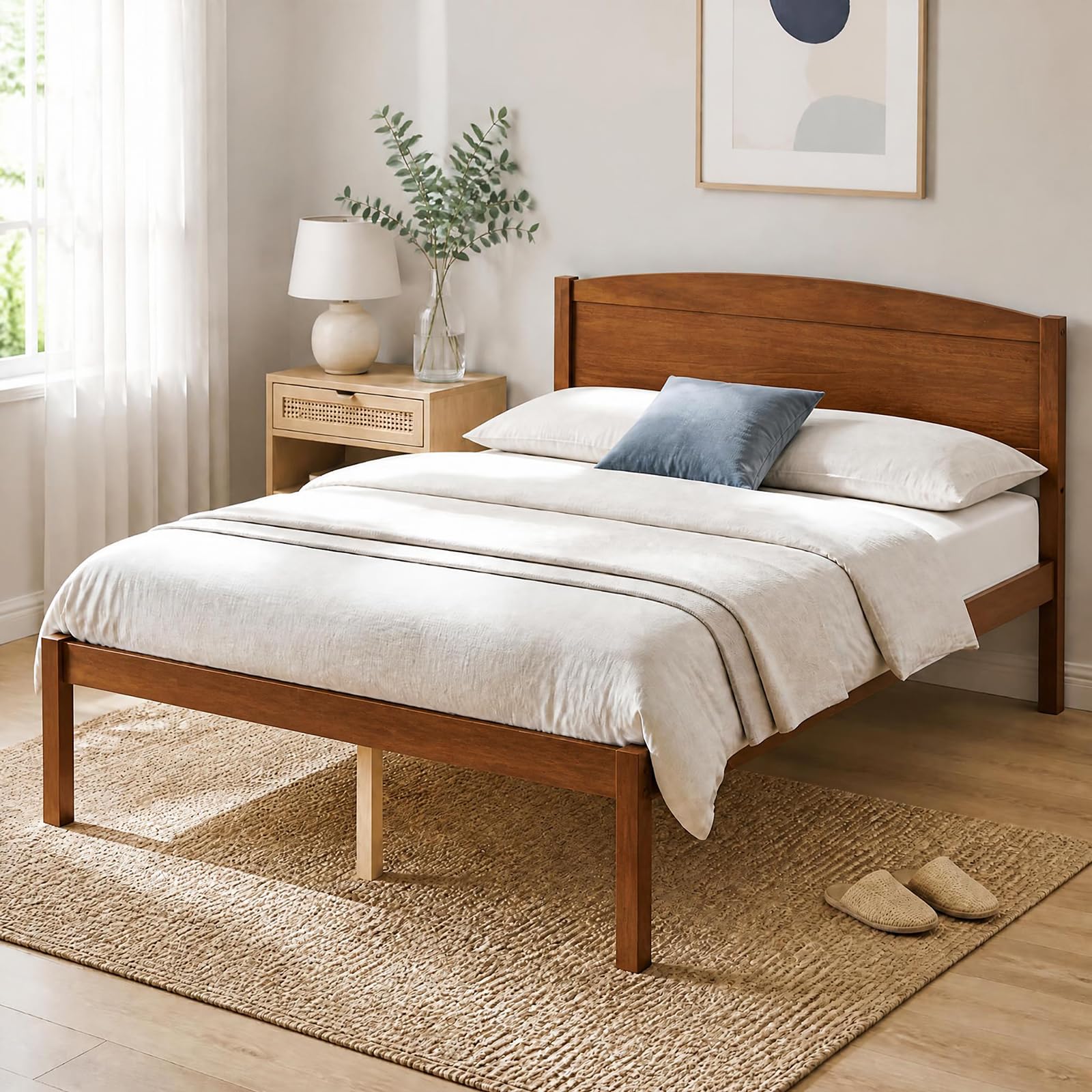 KOMFOTT Full/Twin/King/Queen Size Bed Frame Wooden Platform Bed with Curved Headboard