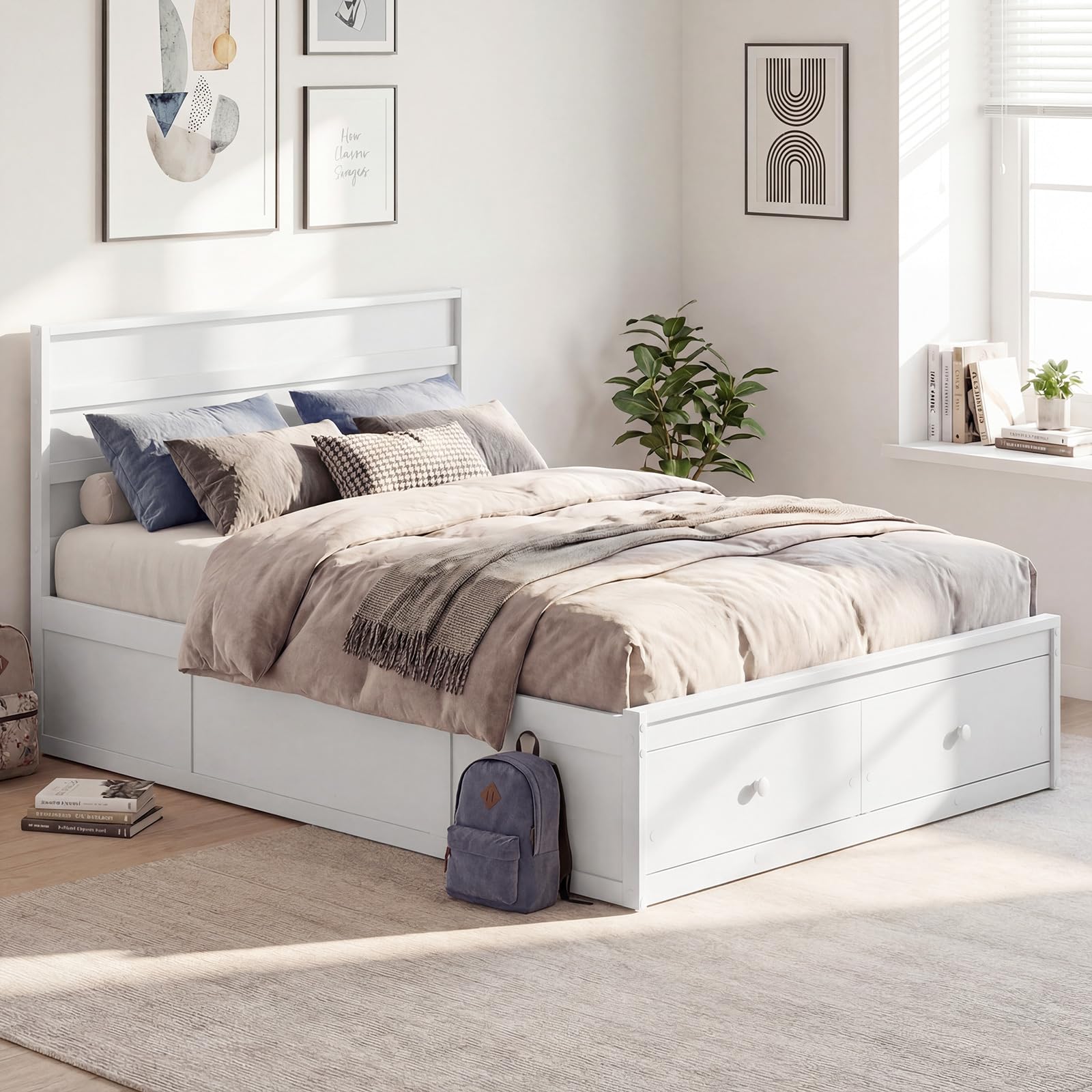 KOMFOTT Twin/Full Size Bed Frame with 2 Storage Drawers