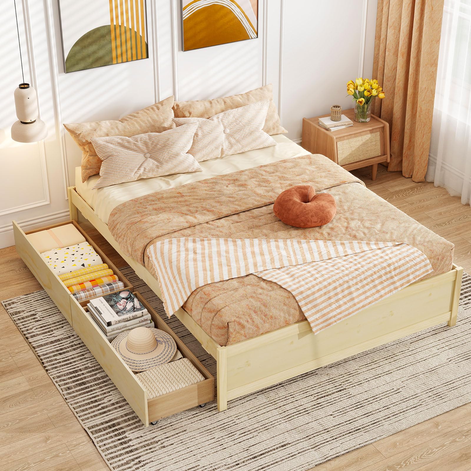 KOMFOTT Bed Frame with 2 Storage Drawers, Solid Wood Platform Bed with Slats Support