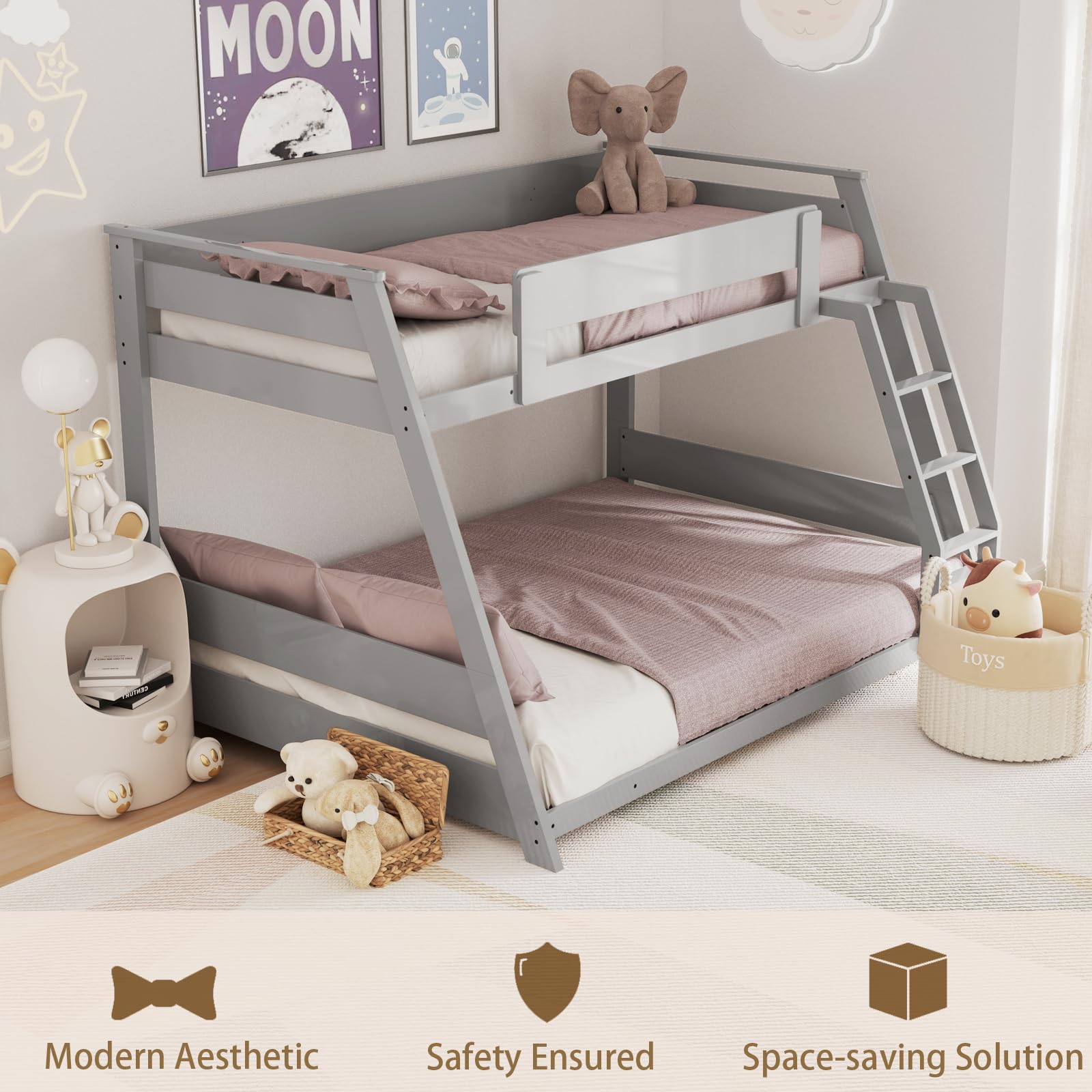 KOMFOTT Wood Twin Over Full Bunk Bed with Reversible Ladder
