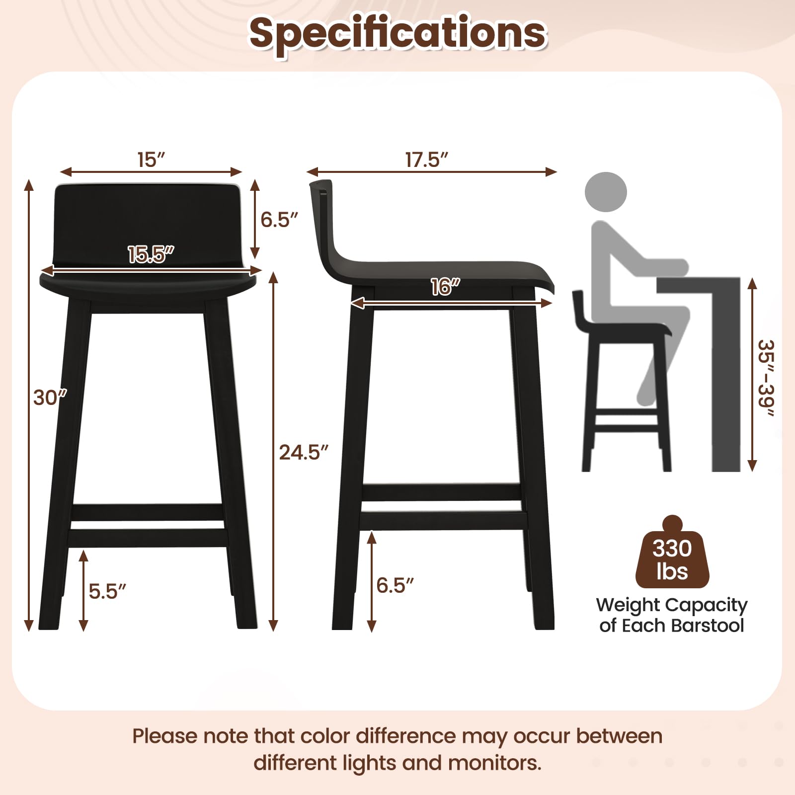 KOMFOTT Solid Wood Bar Stools Set of 2/4, Counter Height Chairs with Low Back and Footrest