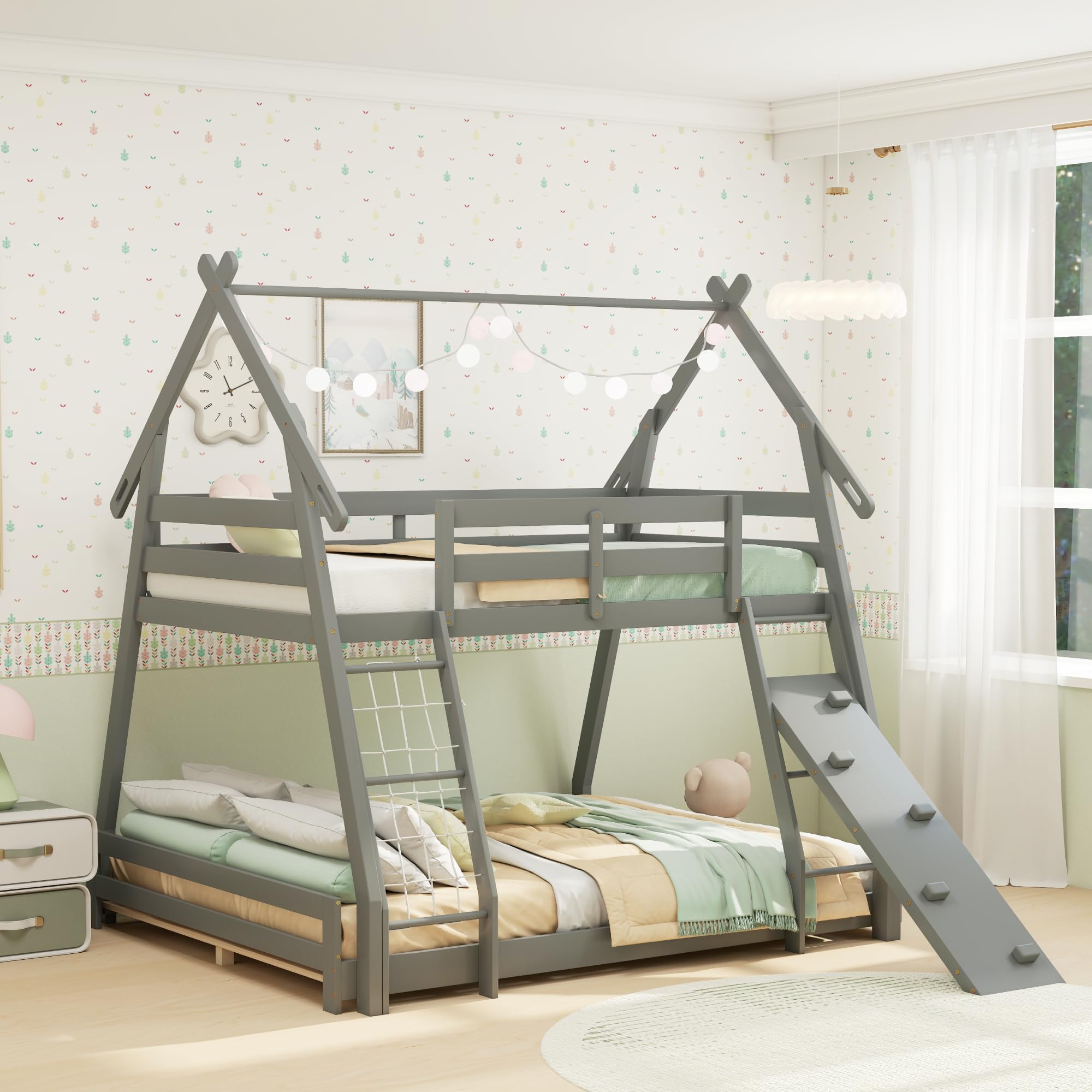 KOMFOTT Wood Twin Over Queen House Bunk Bed