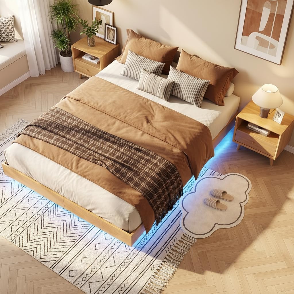 KOMFOTT Queen/Full/Twin Size Wood Floating Bed Frame with LED Lights