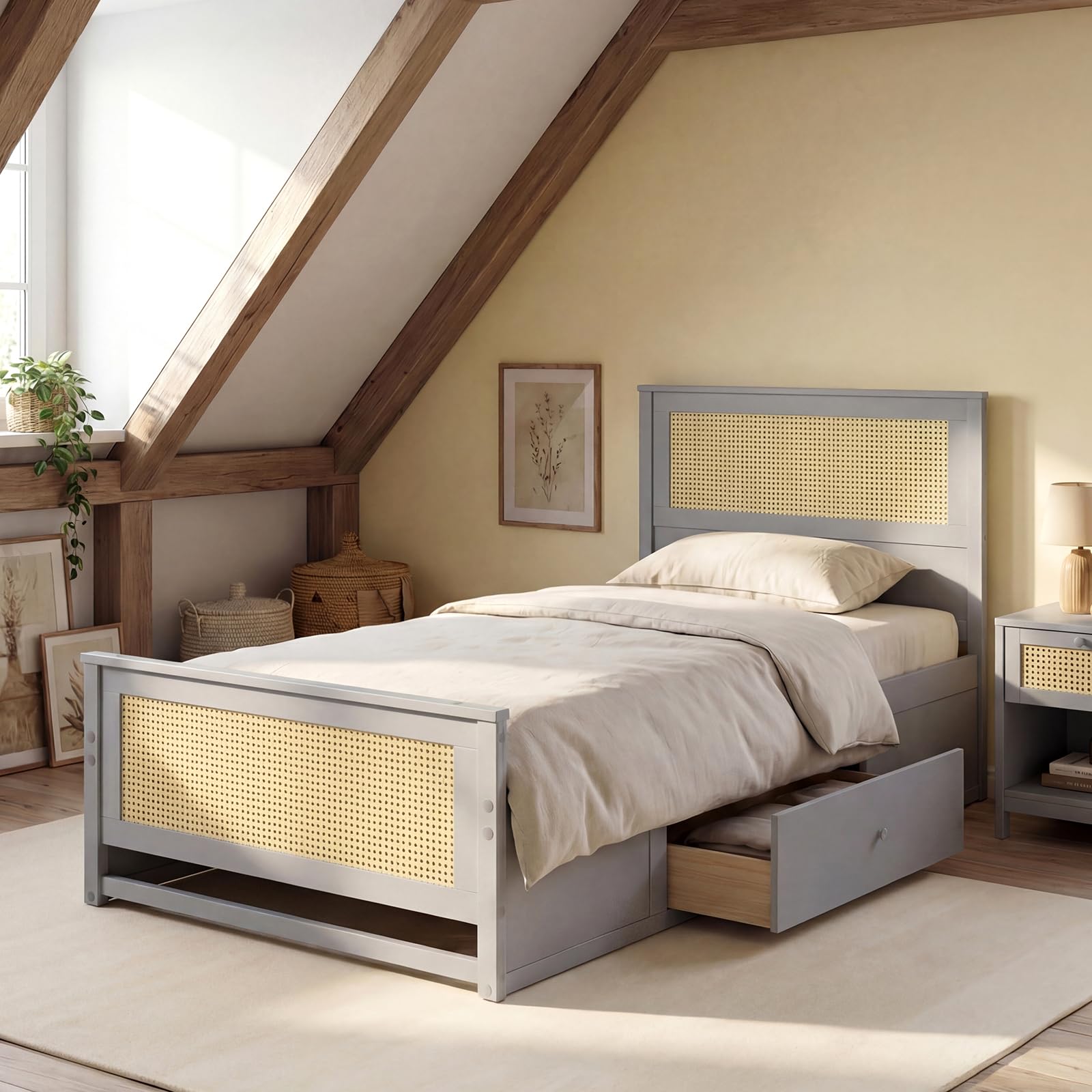 KOMFOTT Rattan Bed Frame with 2 Storage Drawers