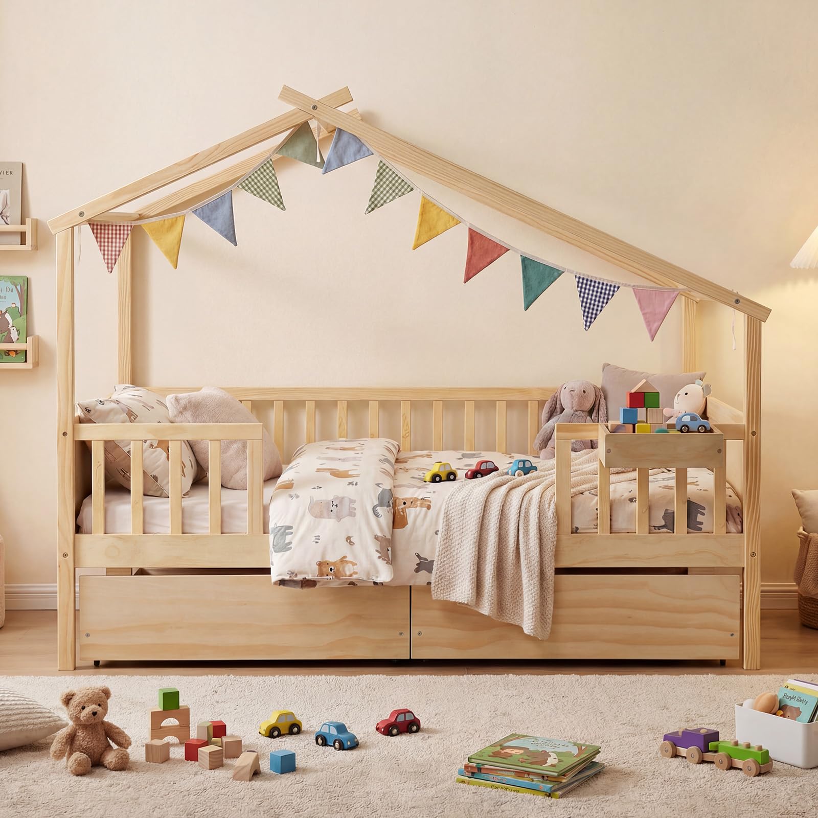 KOMFOTT Full Size House Bed for Kids with 2 Rolling Drawers & Roof & Fence Rails