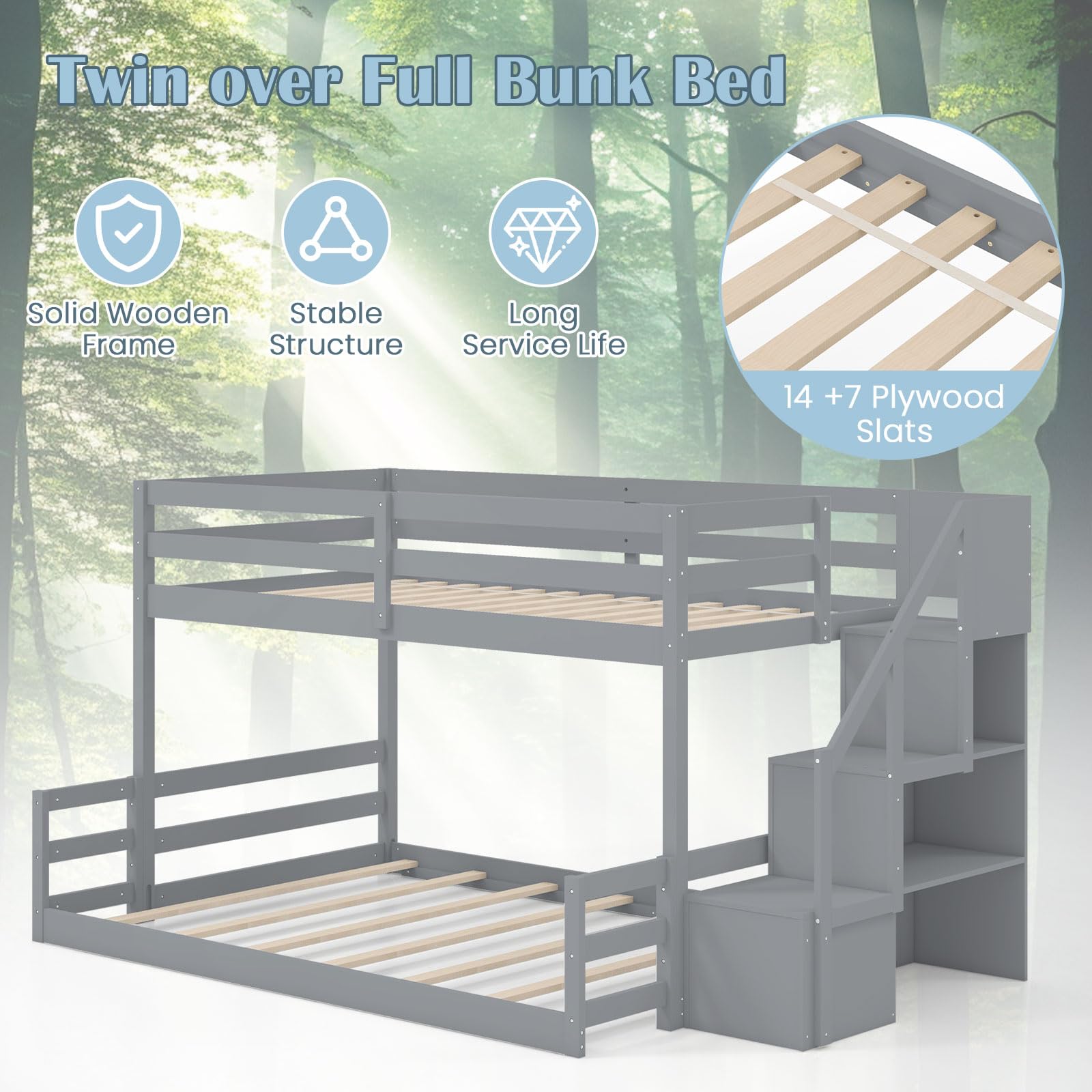 KOMFOTT Bunk Bed with Stairs, Solid Wood Floor Bunk Bed with Storage Staircase & Full-Length Guardrails