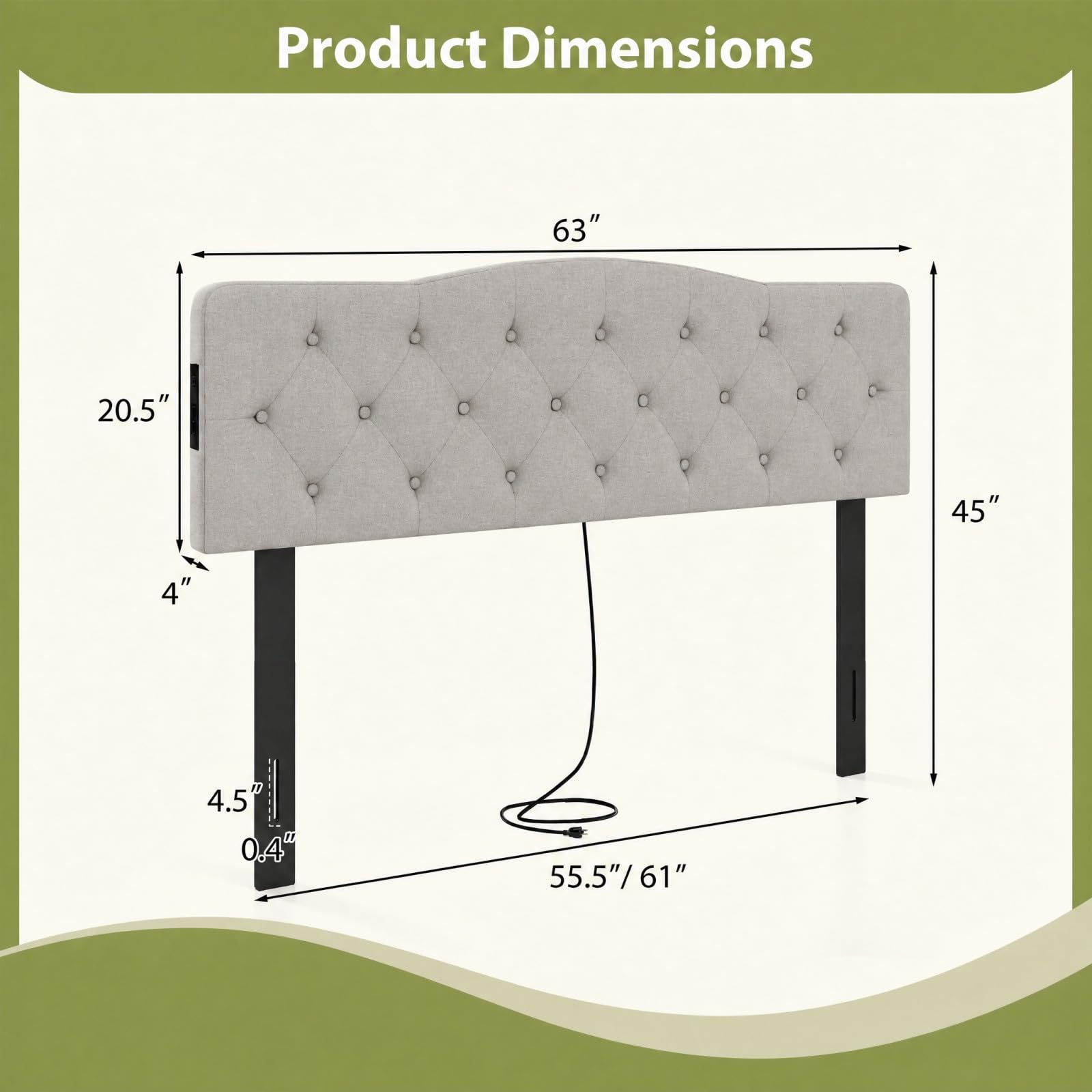 KOMFOTT Modern Headboard with Charging Station for Queen & Full Bed(Curved Button Tufted)