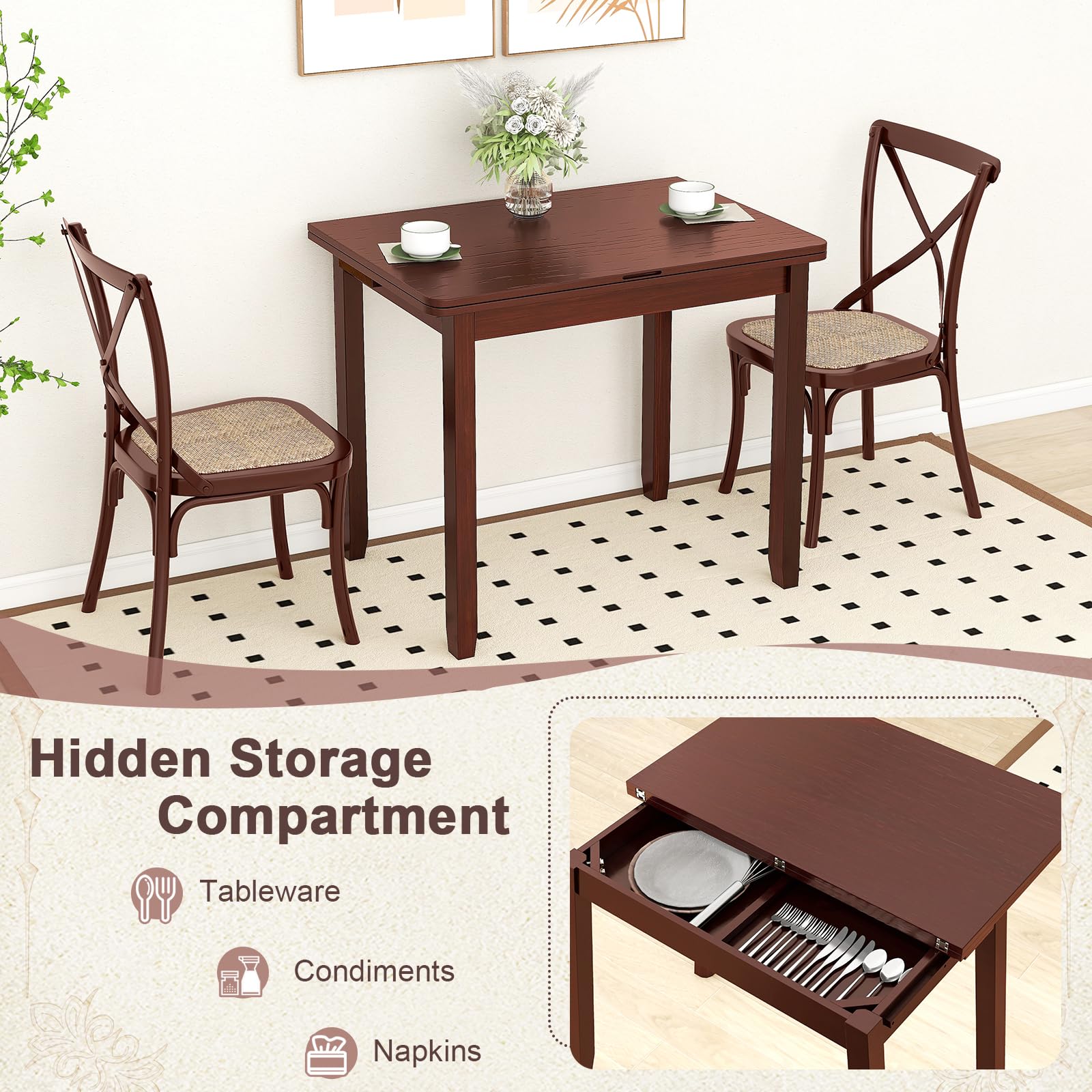 KOMFOTT Folding Dining Table for 4, Extendable Kitchen Table w/Hidden Storage & Rubber Wood Frame