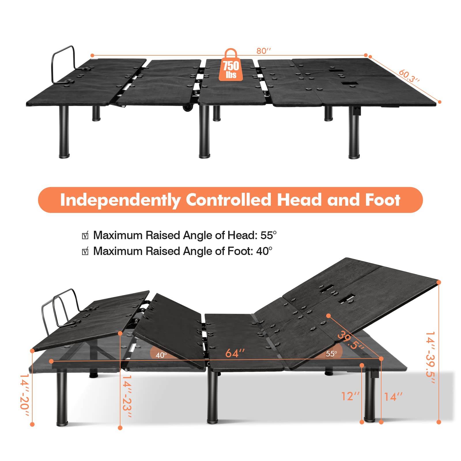 KOMFOTT Adjustable Bed Base with Remote, Electric Reclining Bed with Head & Foot Incline, LED Under-Bed Lighting and Dual USB Port