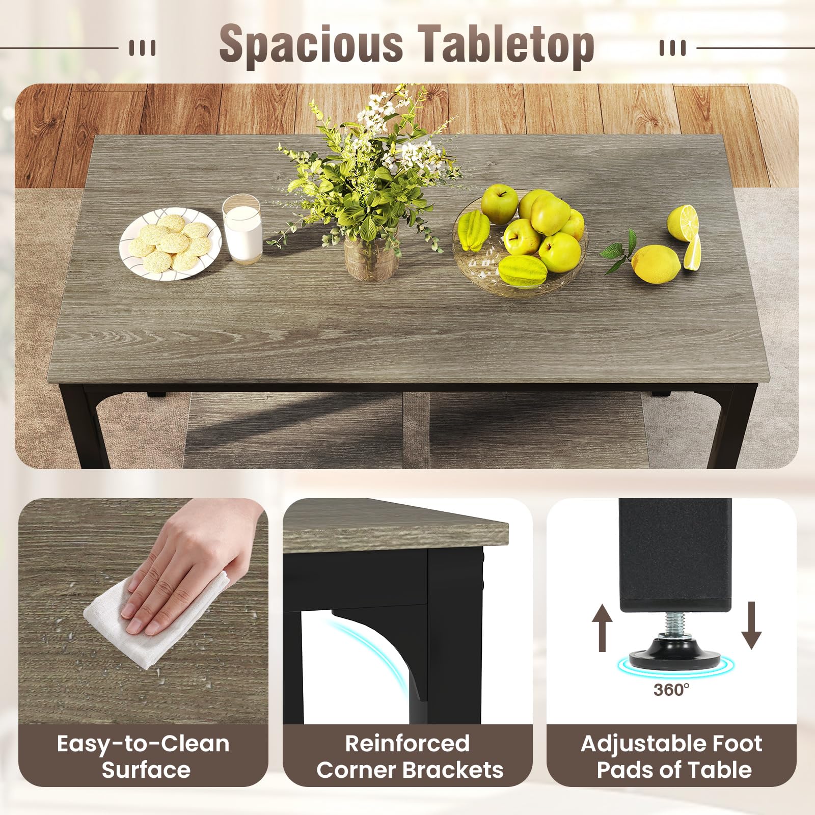 KOMFOTT 4 Piece Dining Table Set for 4 with Bench & 2 Stools, Space-Saving Desk Set