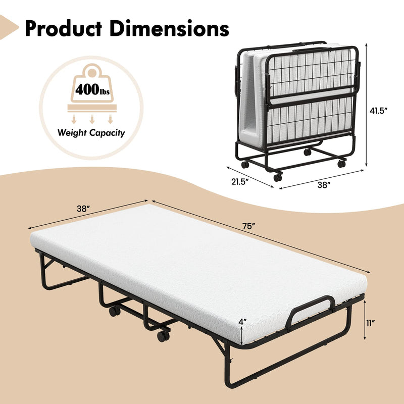 KOMFOTT Folding Rollaway Bed with 4" Mattress, Portable Bed with Rolling Casters