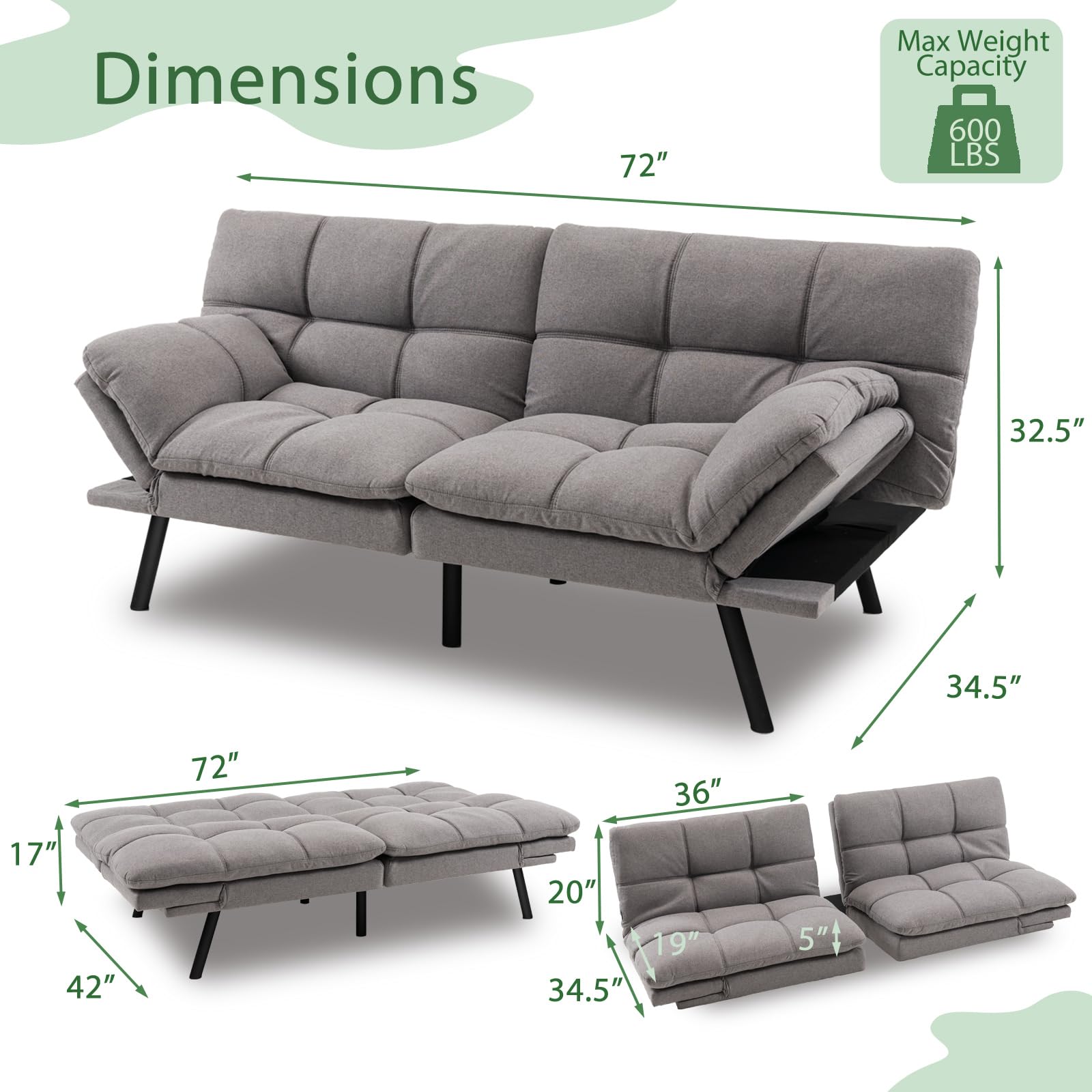 KOMFOTT Futon Sofa Bed, Faux Leather Memory Foam Convertible Futon Couch with Adjustable Backrest & Armrests