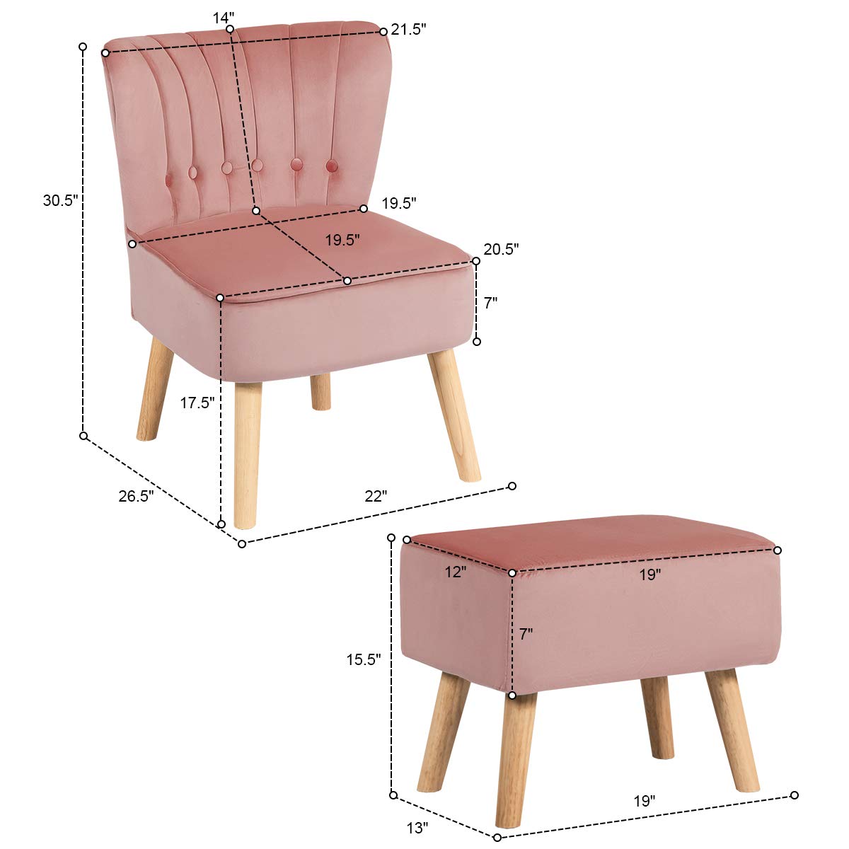 KOMFOTT Modern Accent Chair Ottoman Set, Armless Slipper Sofa Chair with Footstool