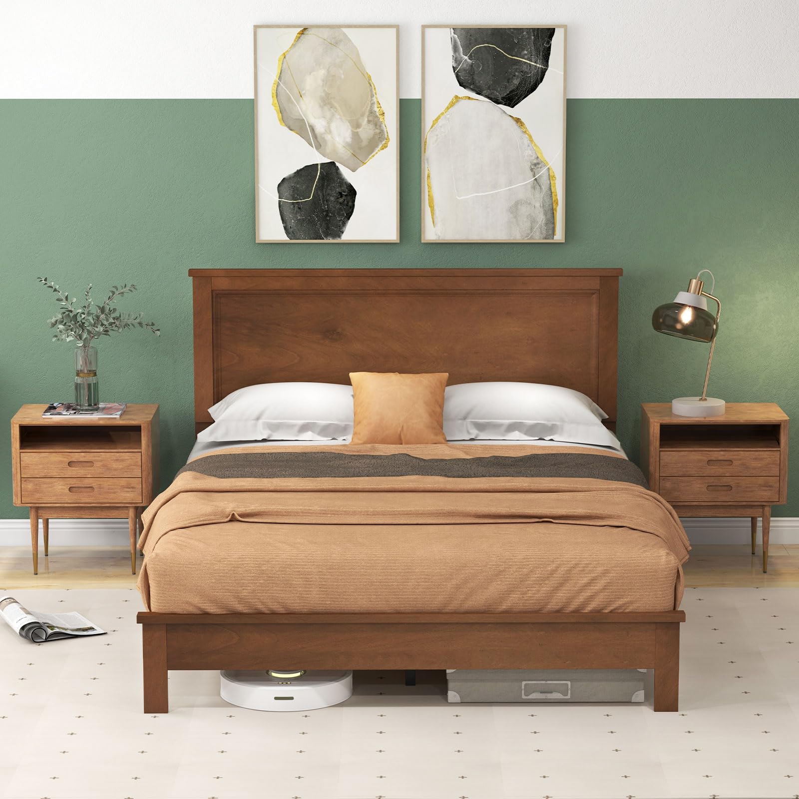 KOMFOTT Mid-Century Modern Platform Bed with Headboard, Solid Wood Legs