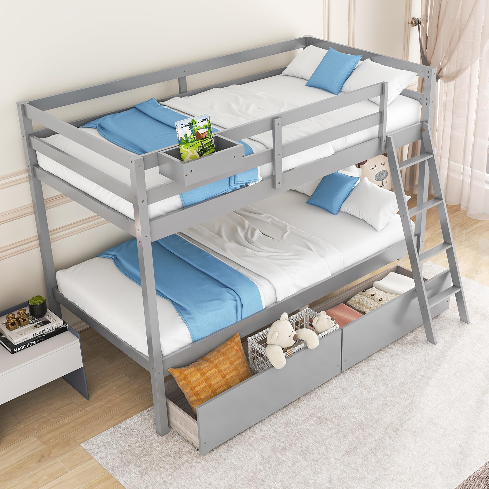KOMFOTT Twin Over Twin Bunk Bed with 2 Roll-Out Drawers