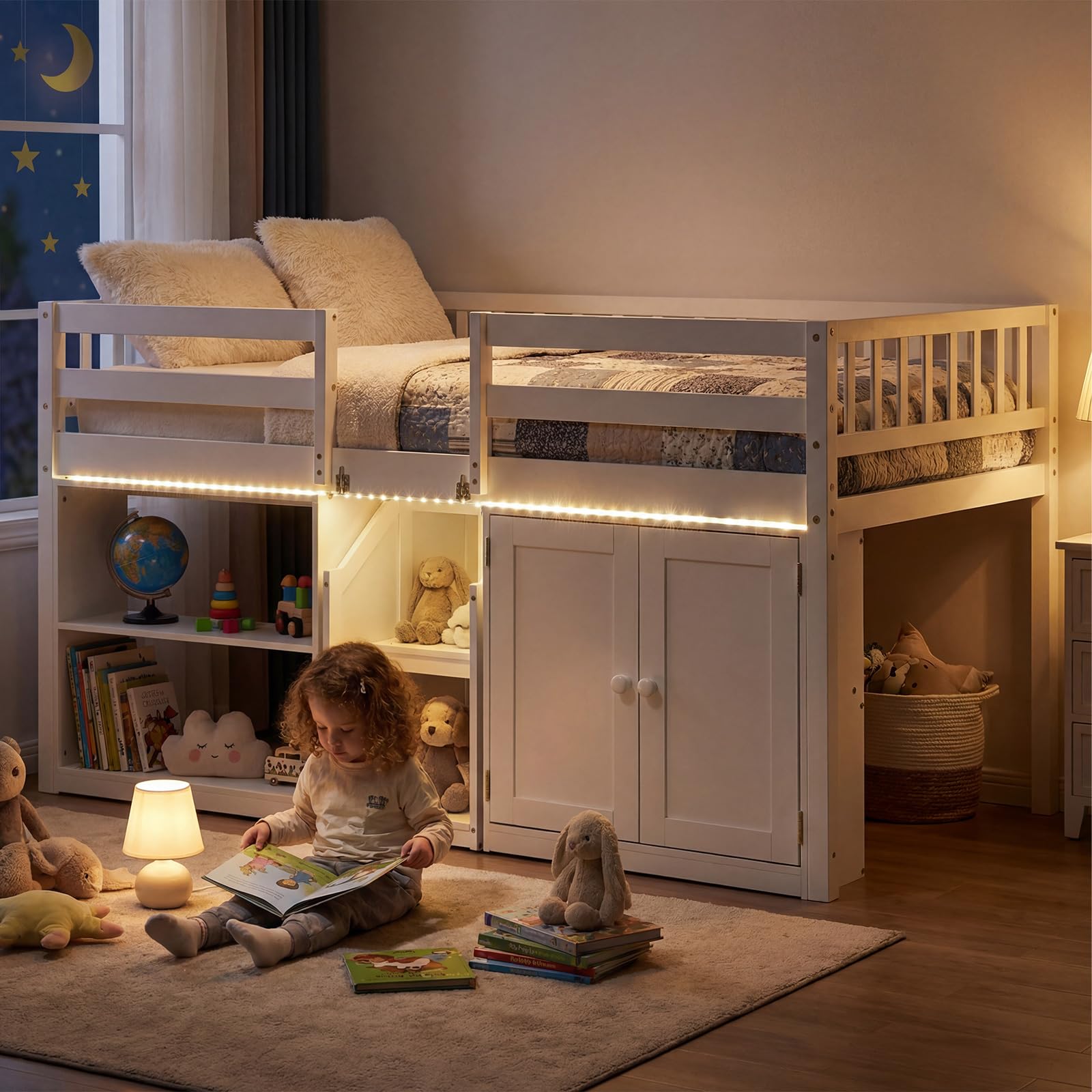 KOMFOTT Twin Size Low Loft Bed with LED Light Stairs & Guardrails