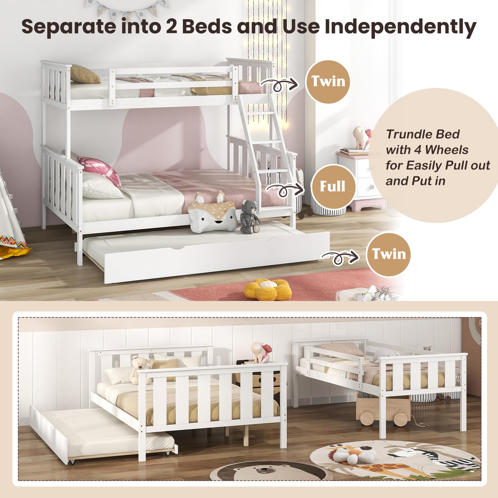 KOMFOTT Convertible 3-in-1 Twin Over Full Bunk Bed with Trundle