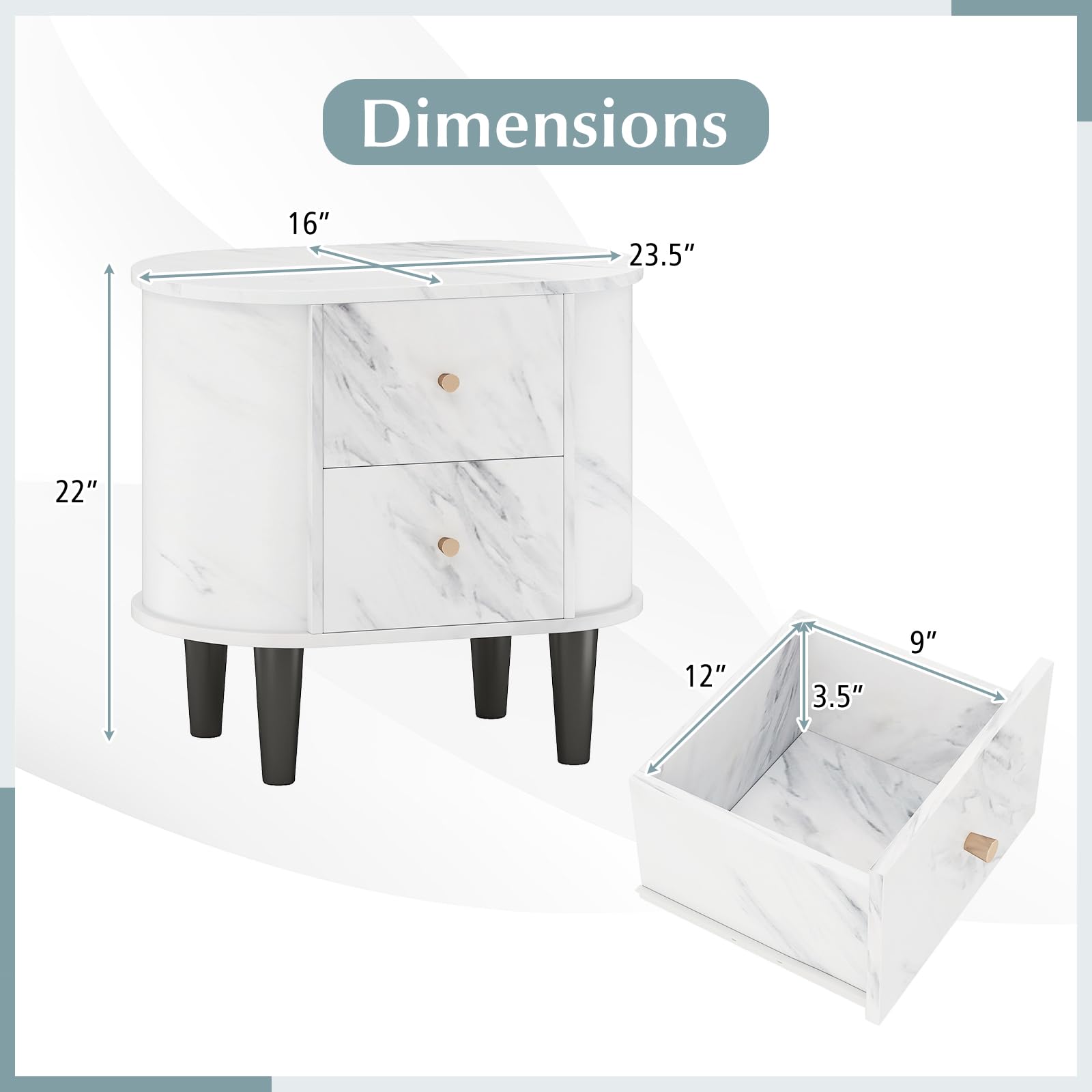 KOMFOTT Oval Faux Marble Nightstand with 2 Drawers