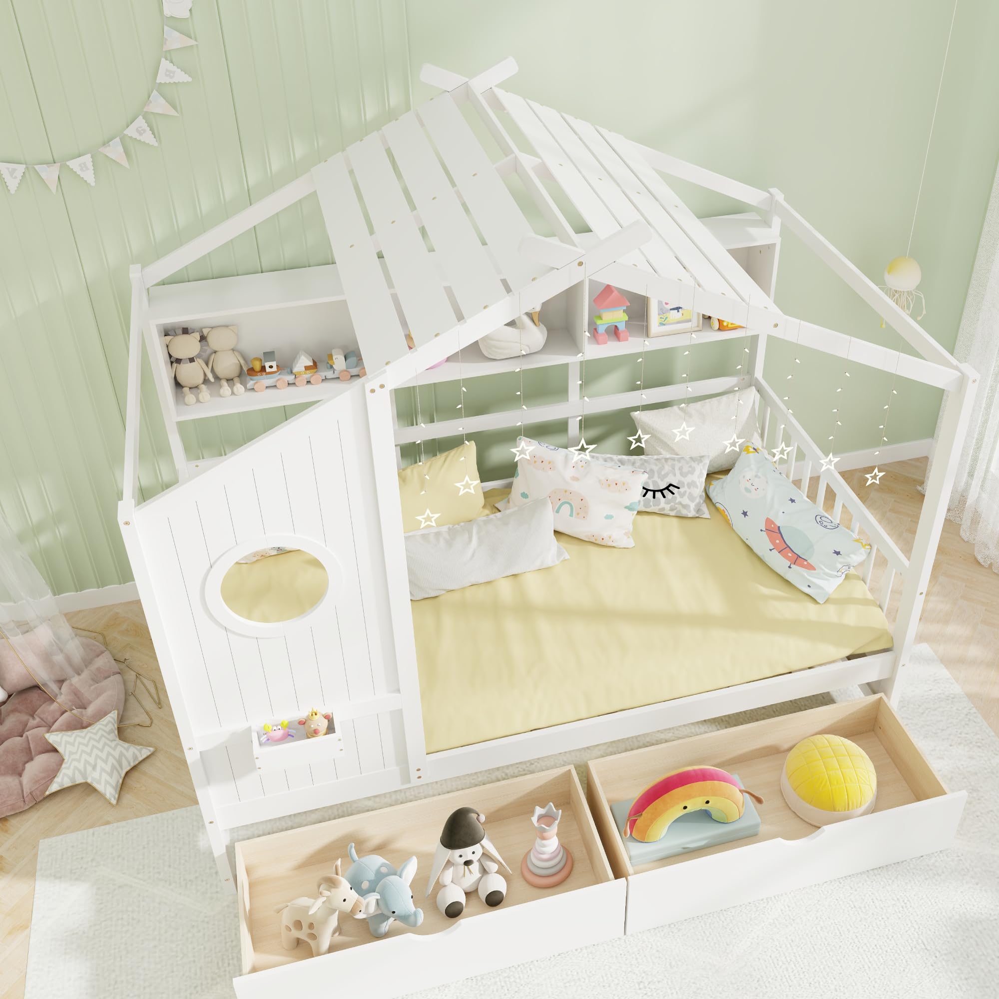 KOMFOTT Twin Size Wood House Bed with 2 Drawers(Twin with Drawers)