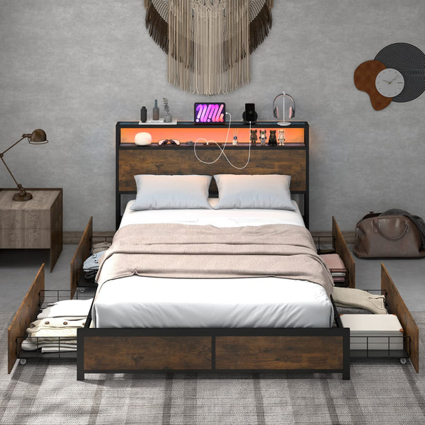 Bed Frame with LED Lights Headboard and 4 Storage Drawers, Metal Platform Bed with Outlets and USB Ports Charging Station