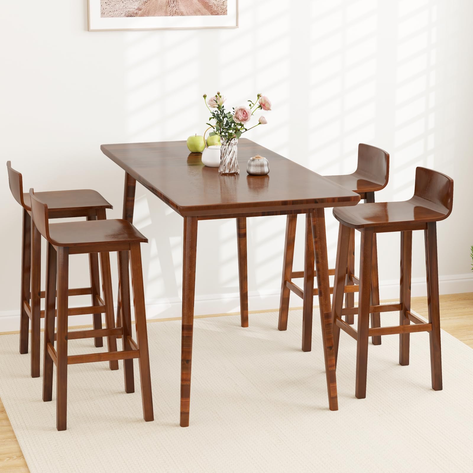 KOMFOTT Solid Wood Bar Stools Set of 2/4, Counter Height Chairs with Low Back and Footrest