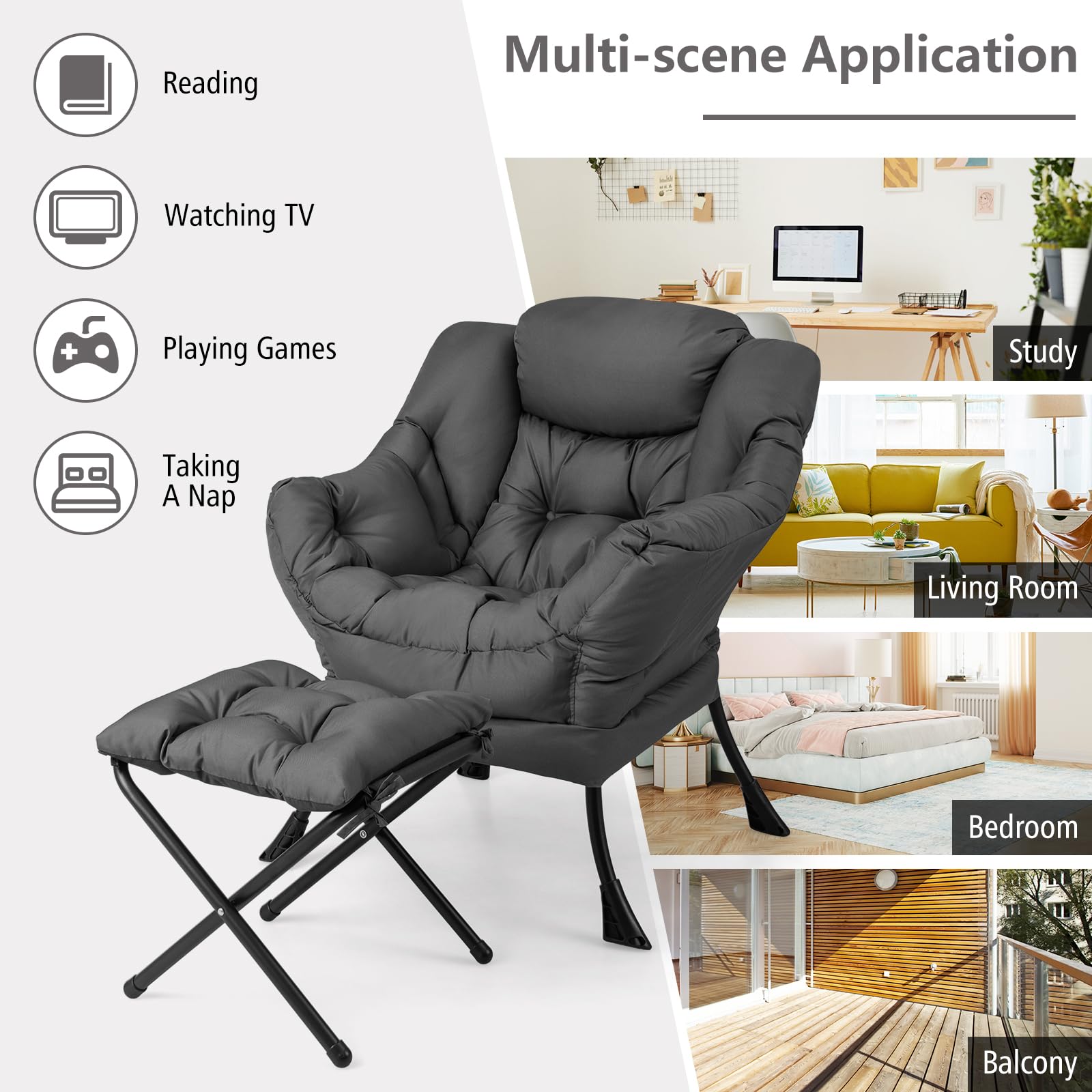 KOMFOTT Lazy Sofa Chair with Ottoman, Upholstered Leisure Lounge Armchair with Folding Footrest, Side Storage Pocket