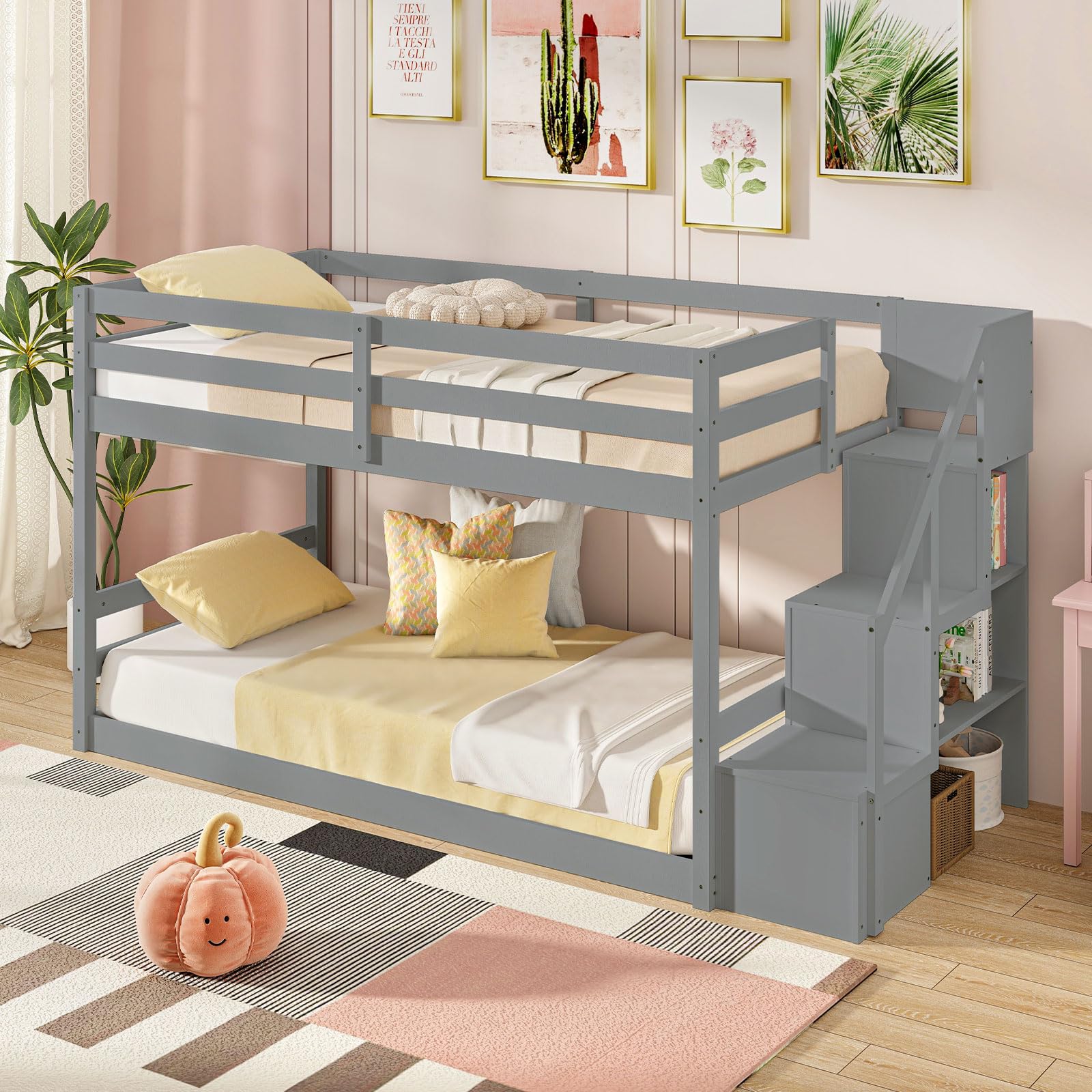 KOMFOTT Bunk Bed with Stairs, Solid Wood Floor Bunk Bed with Storage Staircase & Full-Length Guardrails