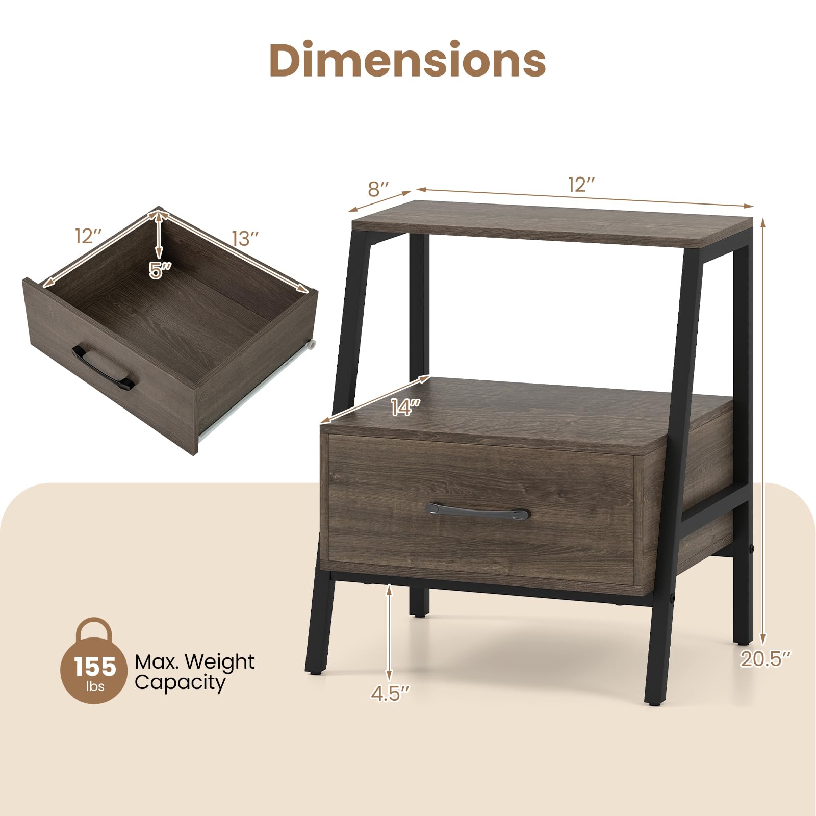 KOMFOTT 2-Tier Nightstand with Drawer
