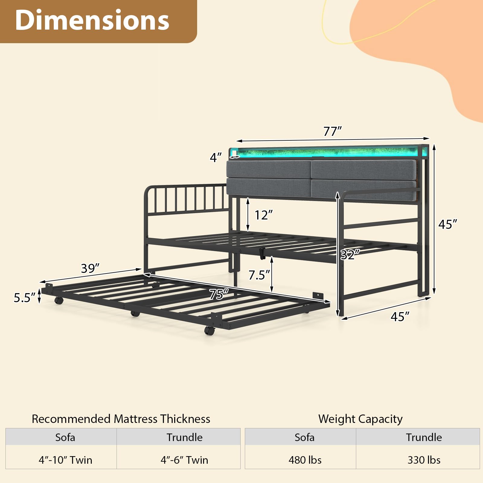KOMFOTT Twin Size Daybed with Trundle & LED Light