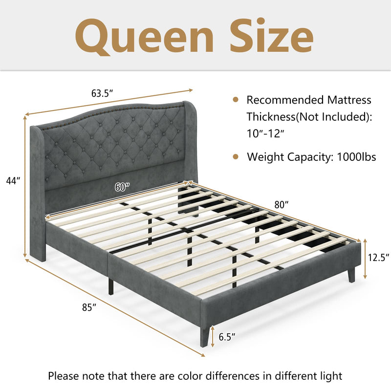 KOMFOTT Full Queen Size Velvet Upholstered Platform Bed, Modern Bed Frame with Button Tufted Headboard