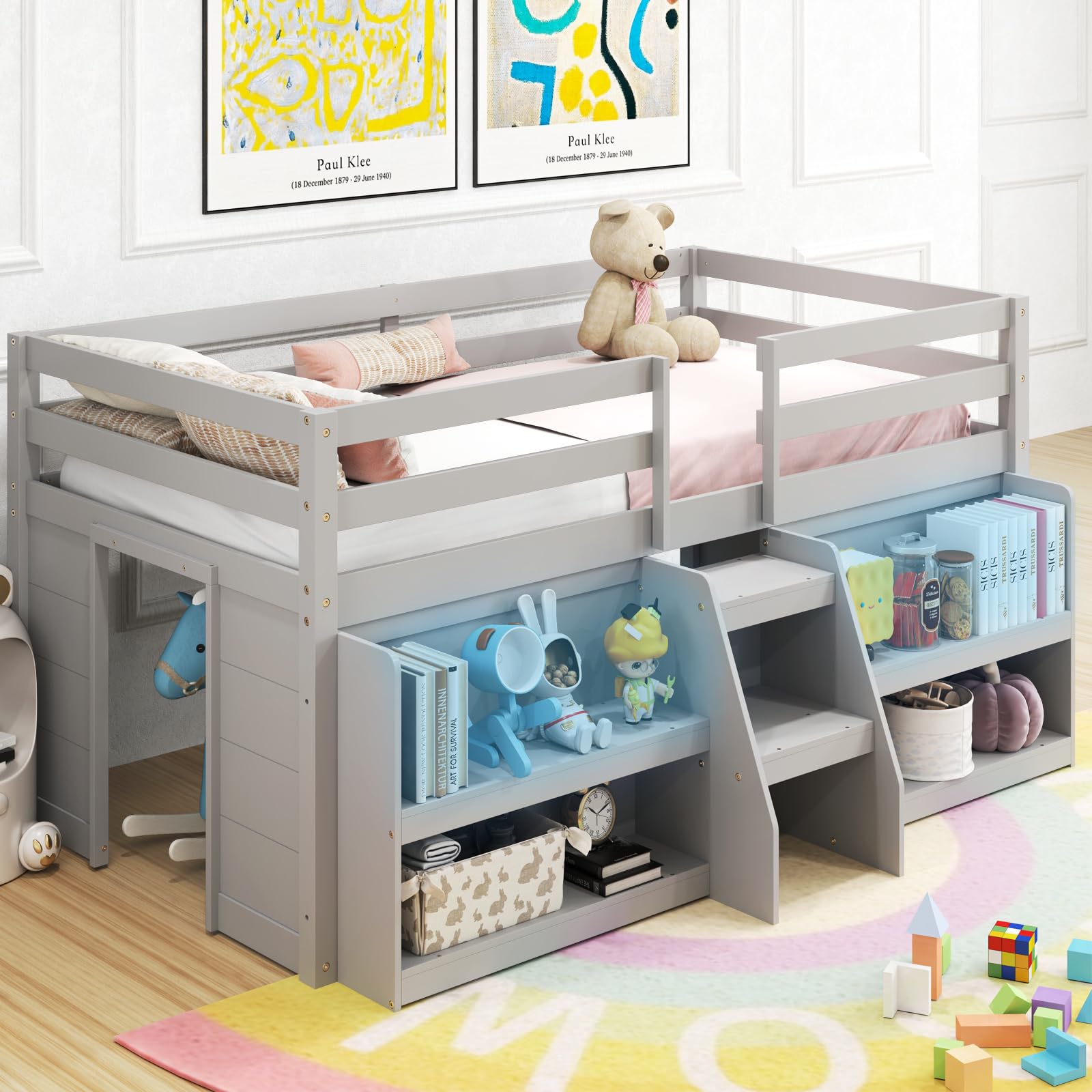 KOMFOTT Low Loft Bed with LED Light & 2 Bookcases