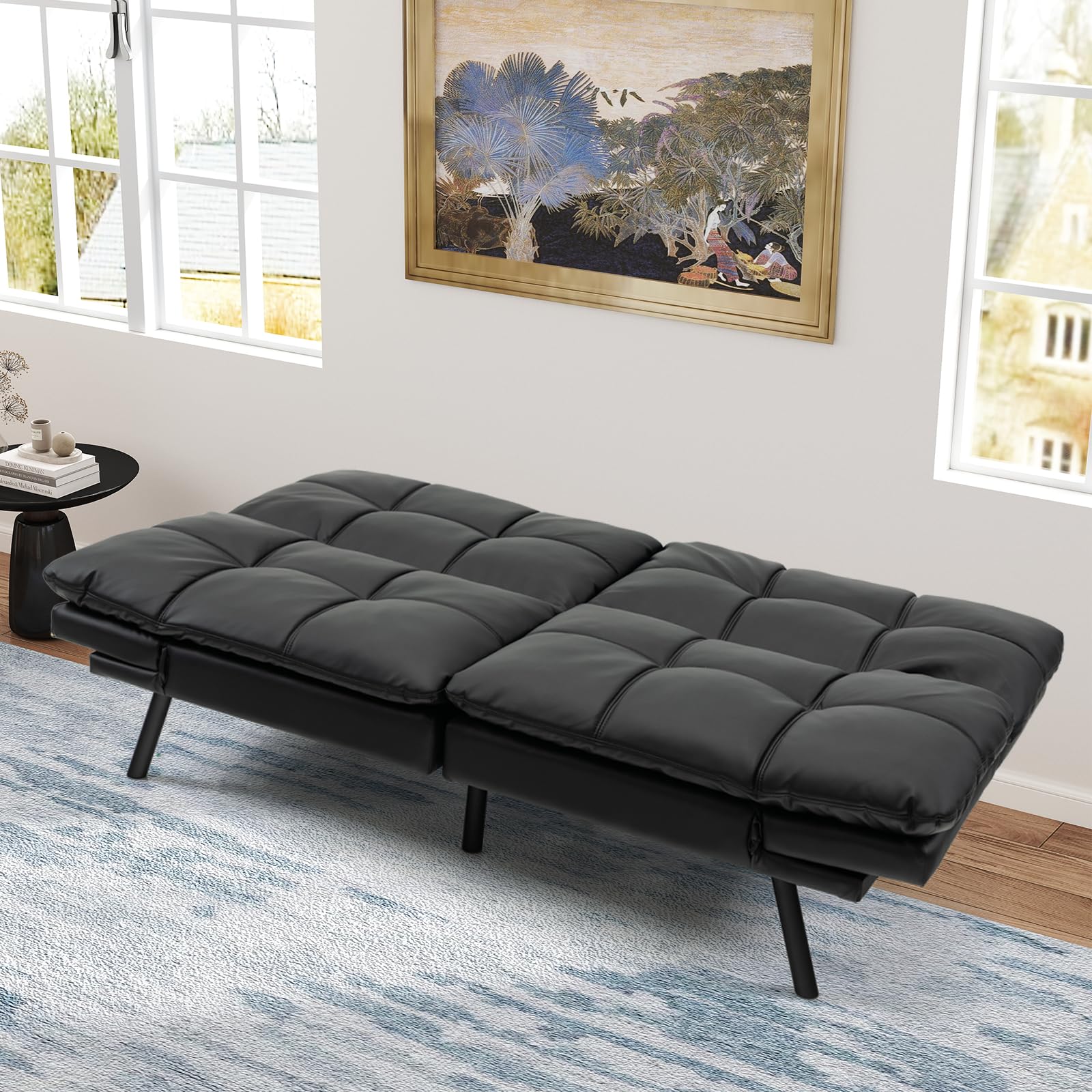 KOMFOTT Futon Sofa Bed, Faux Leather Memory Foam Convertible Futon Couch with Adjustable Backrest & Armrests