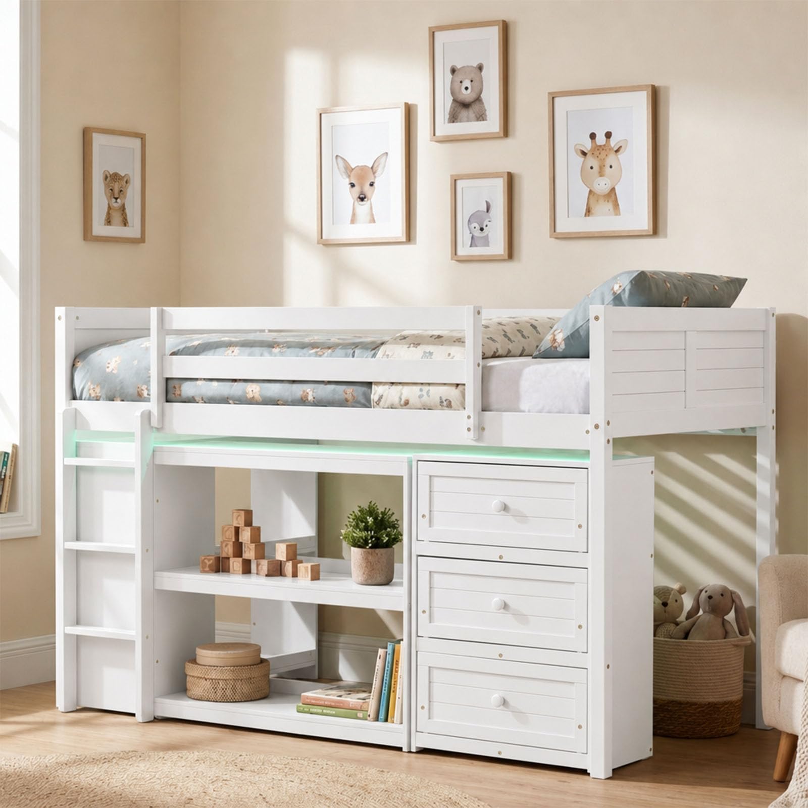KOMFOTT Twin Low Loft Bed with LED Lights Modern Loft Bed