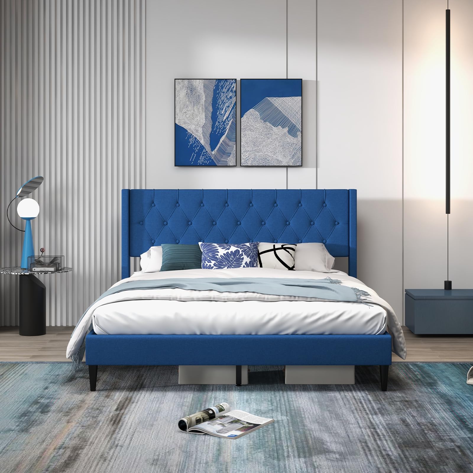 KOMFOTT Upholstered Platform Bed with Button Tufted Wingback Headboard