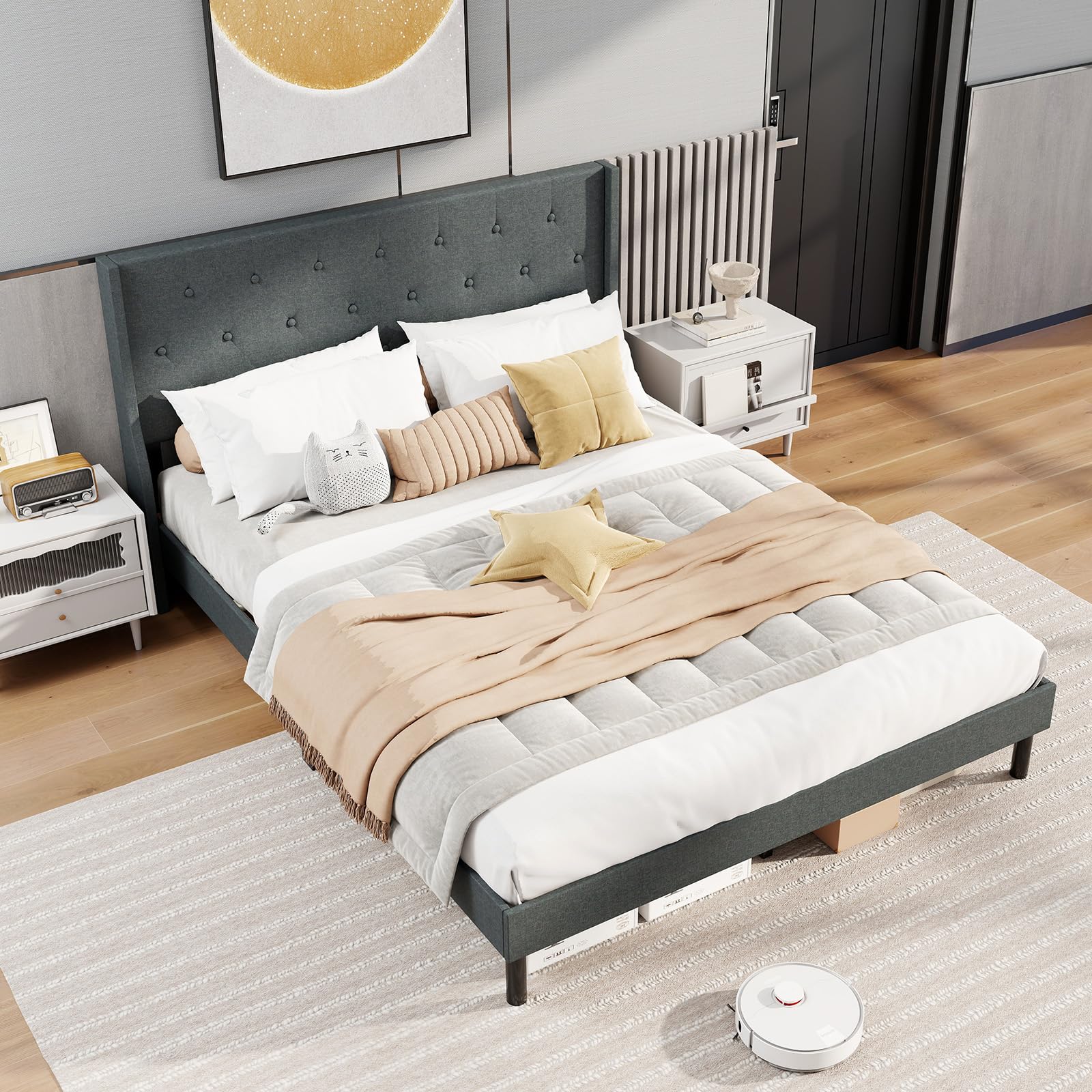 KOMFOTT Queen Size Linen Upholstered Bed Frame
