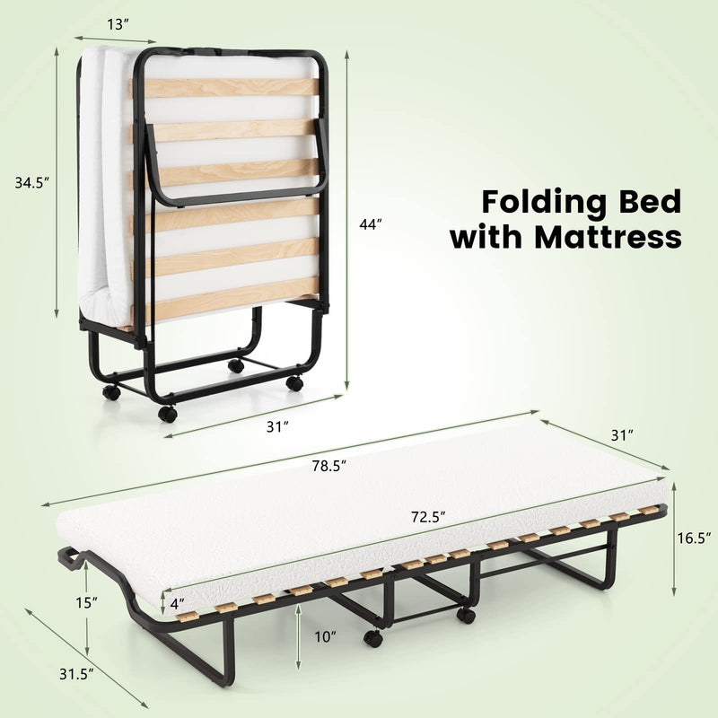 KOMFOTT Folding Rollaway Bed with 4" Mattress, Roll Away Guest Bed for Adult