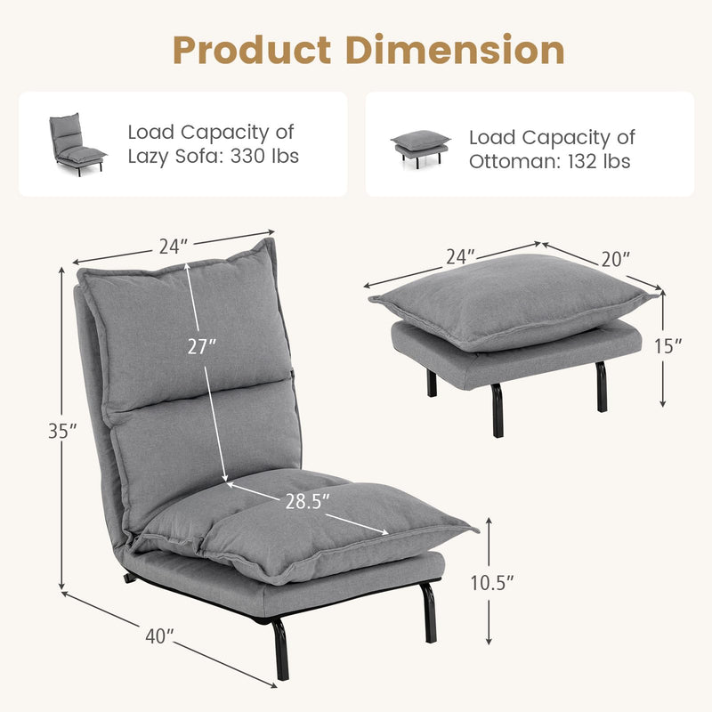 KOMFOTT Floor Lazy Sofa Chair with Ottoman, Modern Recliner Lounge Chair with 6-Level Adjustable Backrest (Gray)
