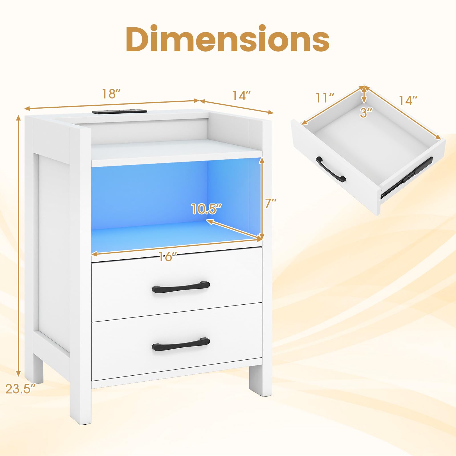 KOMFOTT Nightstand with LED Lights & Charging Station（23.5”）