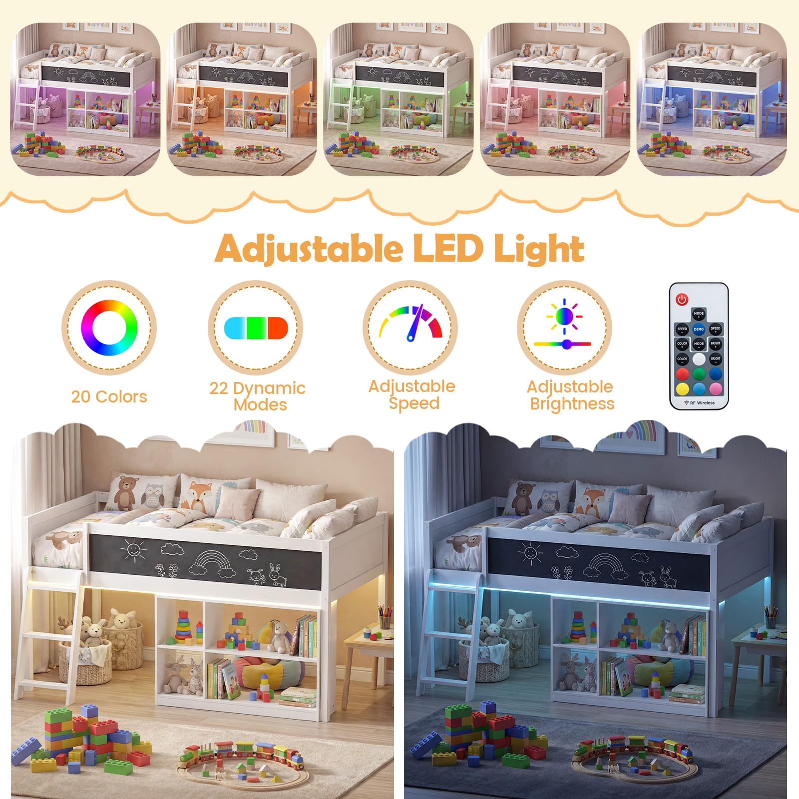 KOMFOTT Twin Size Low Loft Bed with LED Lights