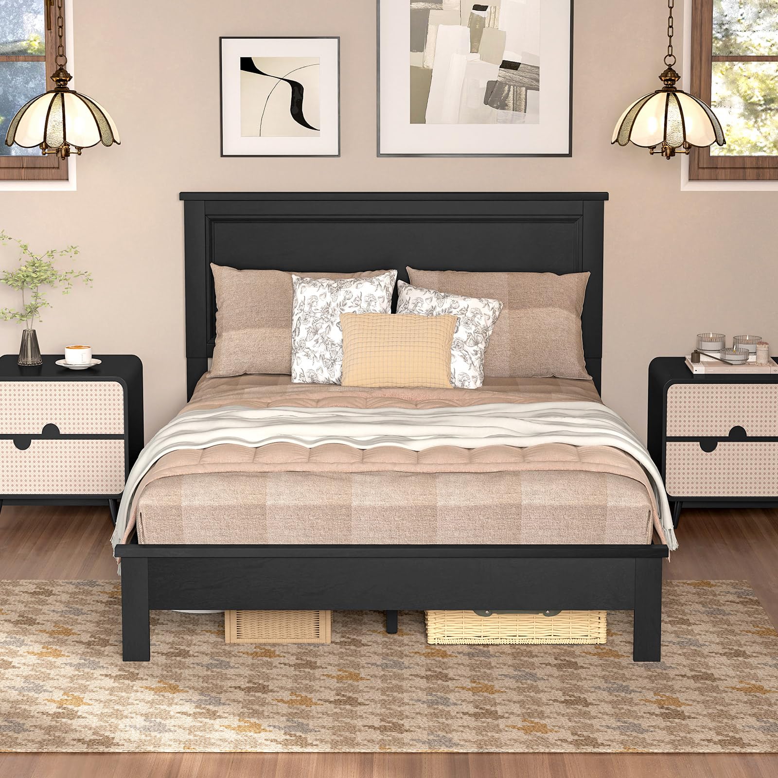 KOMFOTT Mid-Century Modern Platform Bed with Headboard, Solid Wood Legs