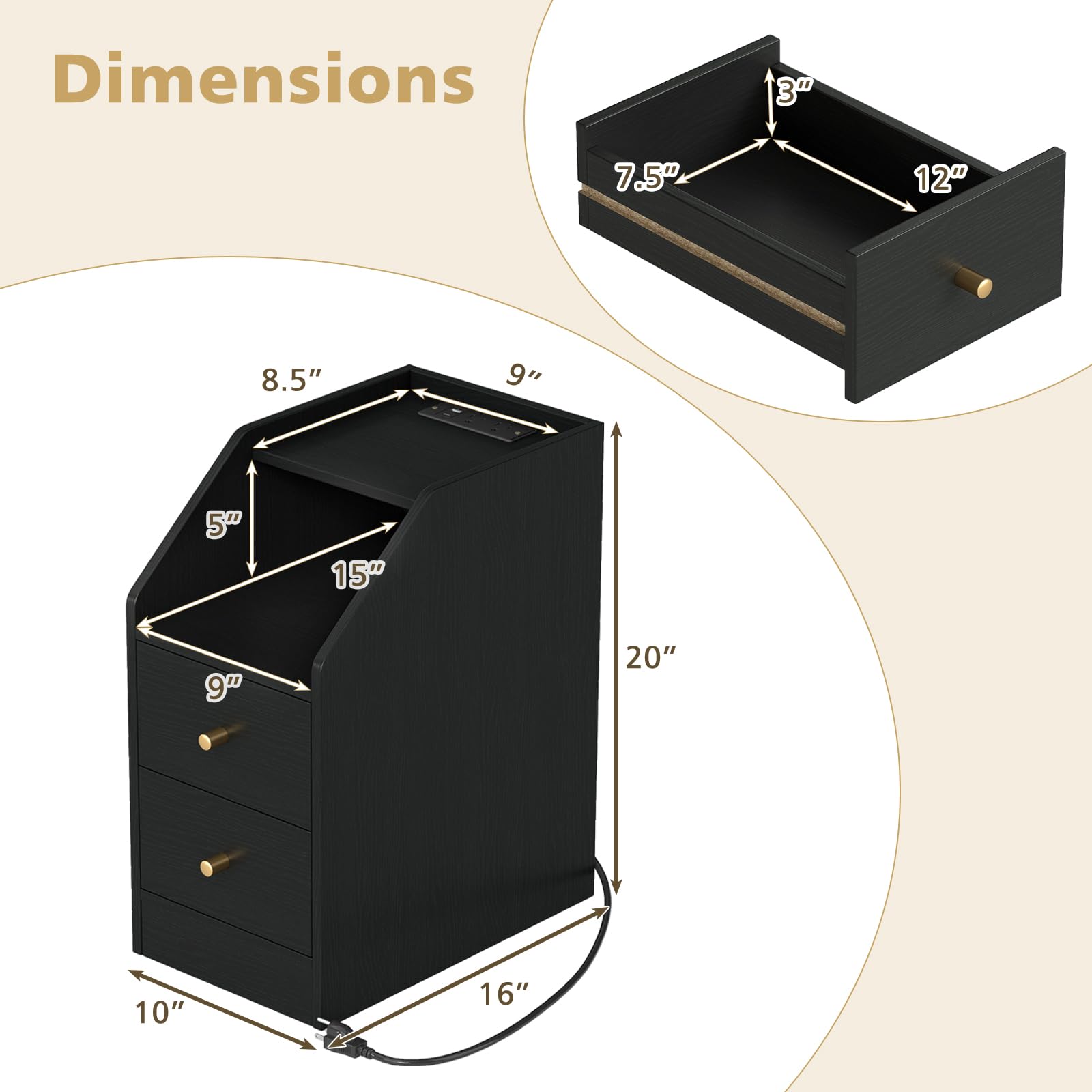 KOMFOTT Side Table with Charging Station End Table with Storage Drawers(1/2)