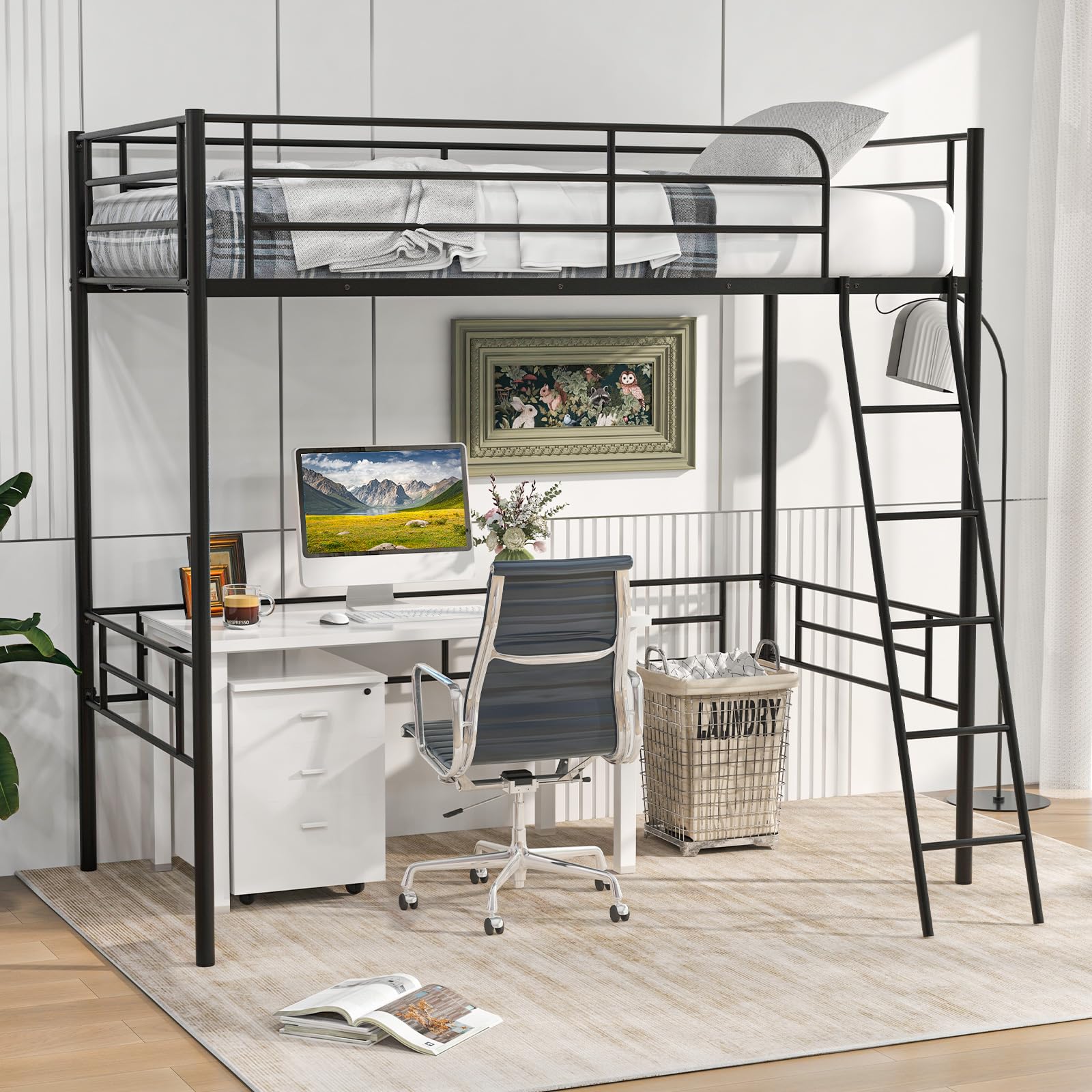 KOMFOTT Twin Size Loft Bed, Metal Loft Bed Frame with Ladder & Safety Guardrail