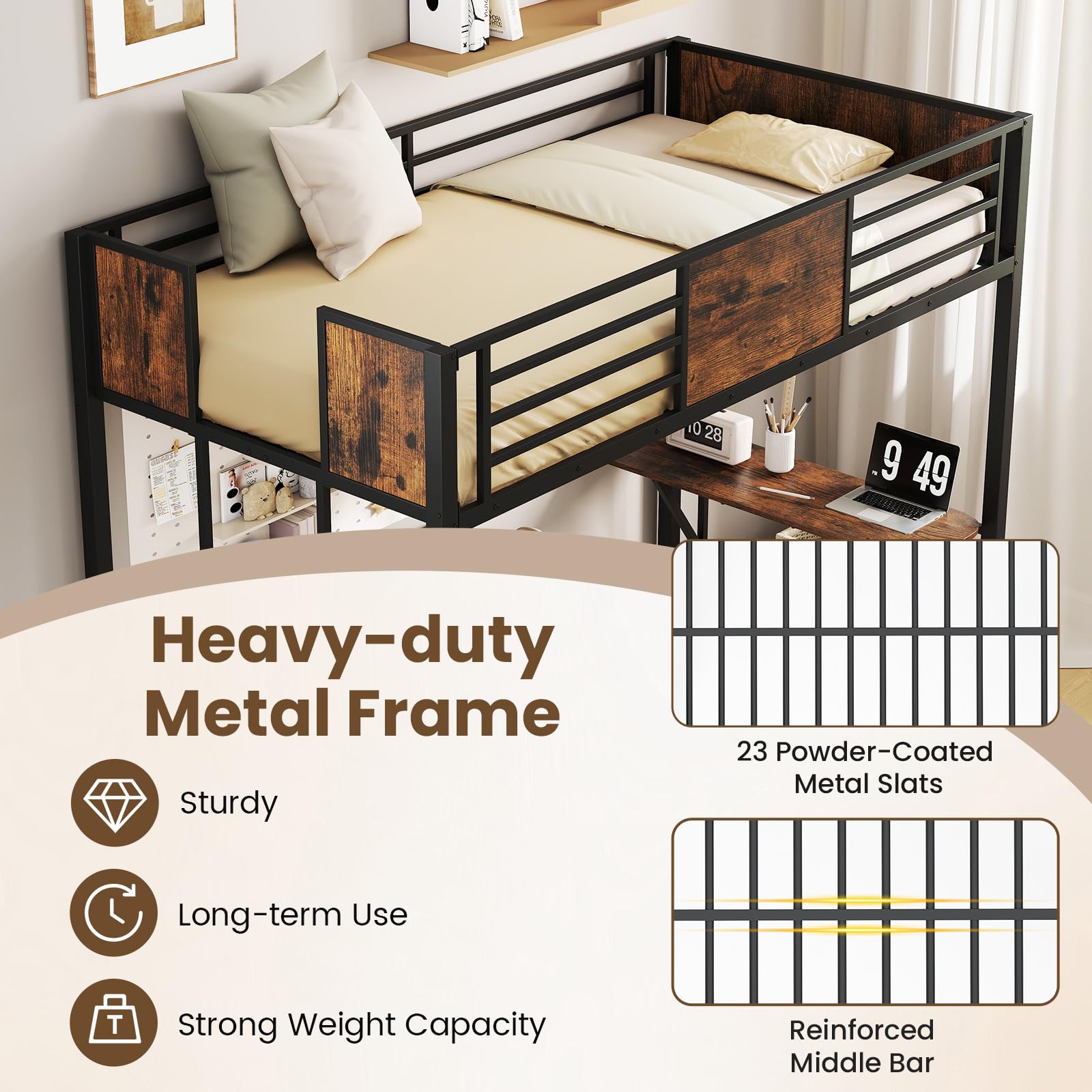 KOMFOTT Twin Size Loft Bed with Desk & Storage Shelf
