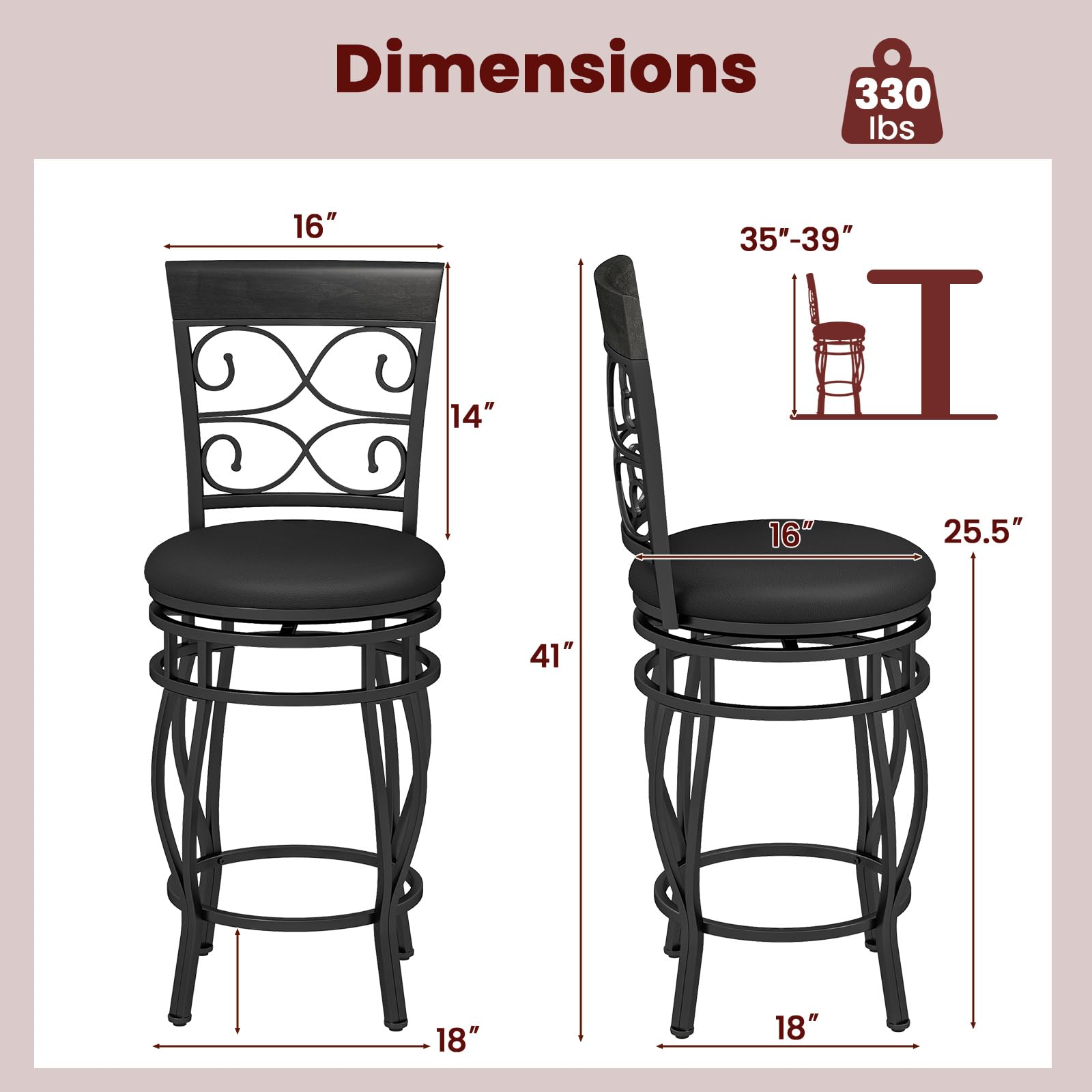 KOMFOTT Swivel Bar Stools Set of 2/4, Counter Height Bar Stools with Back, Upholstered PU Leather Seat, Footrest