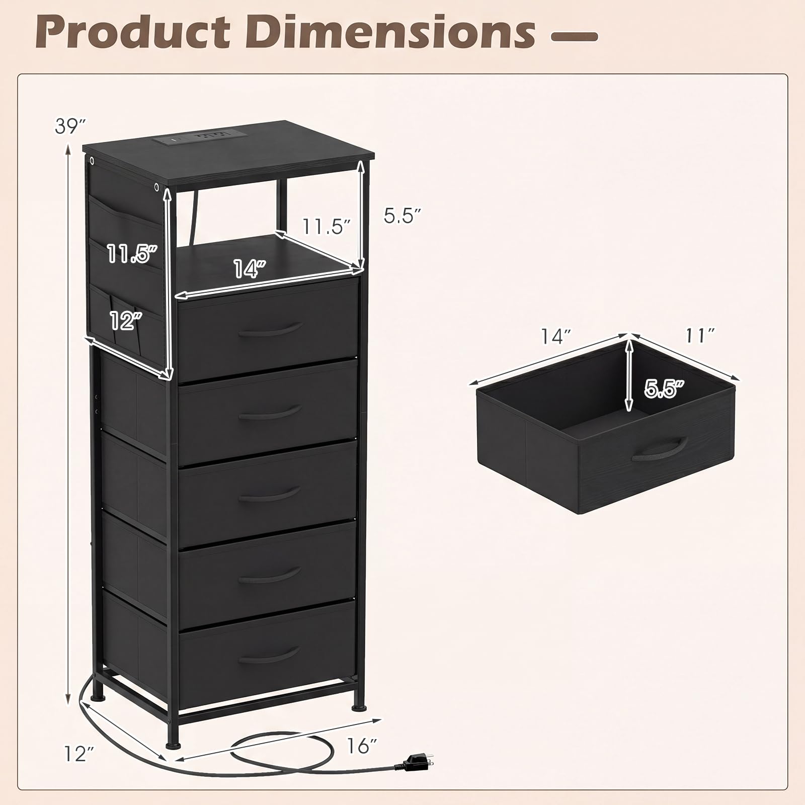 KOMFOTT 1/2 Nightstand with Integrated Charging Station 39" Tall Modern End Table(5 Drawers)