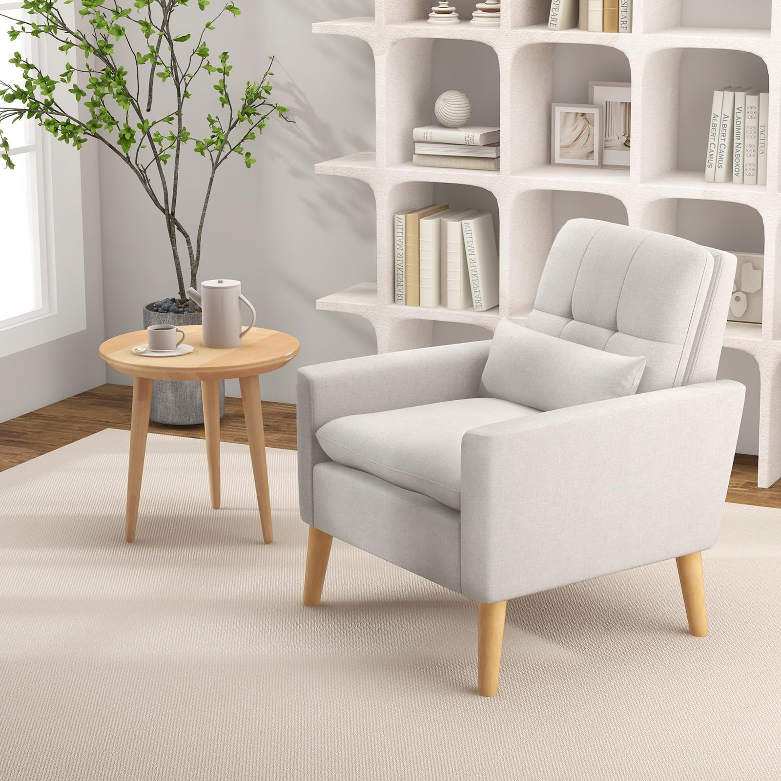 KOMFOTT Modern Linen Accent Chair, Upholstered Tufted Armchair with Lumbar Pillow, Rubber Wood Legs, Padded Cushion
